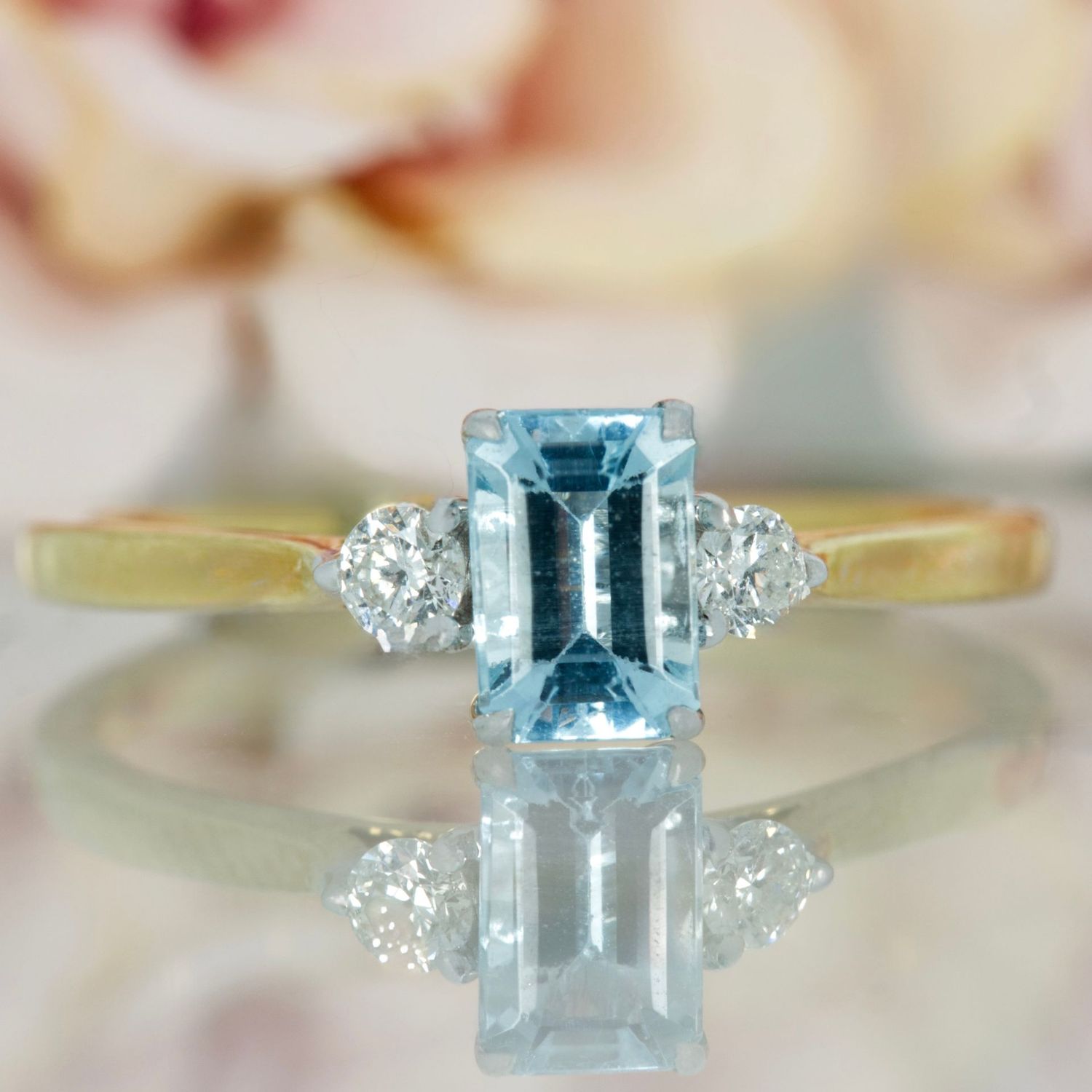 18ct Yellow Gold Octagonal Cut Aquamarine & Round Brilliant Cut Diamond Trilogy Ring