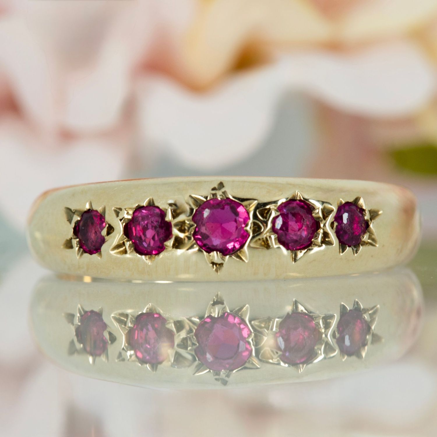 Pre-Loved 9ct Yellow Gold Round Cut Ruby Five Stone Gypsy Set Ring