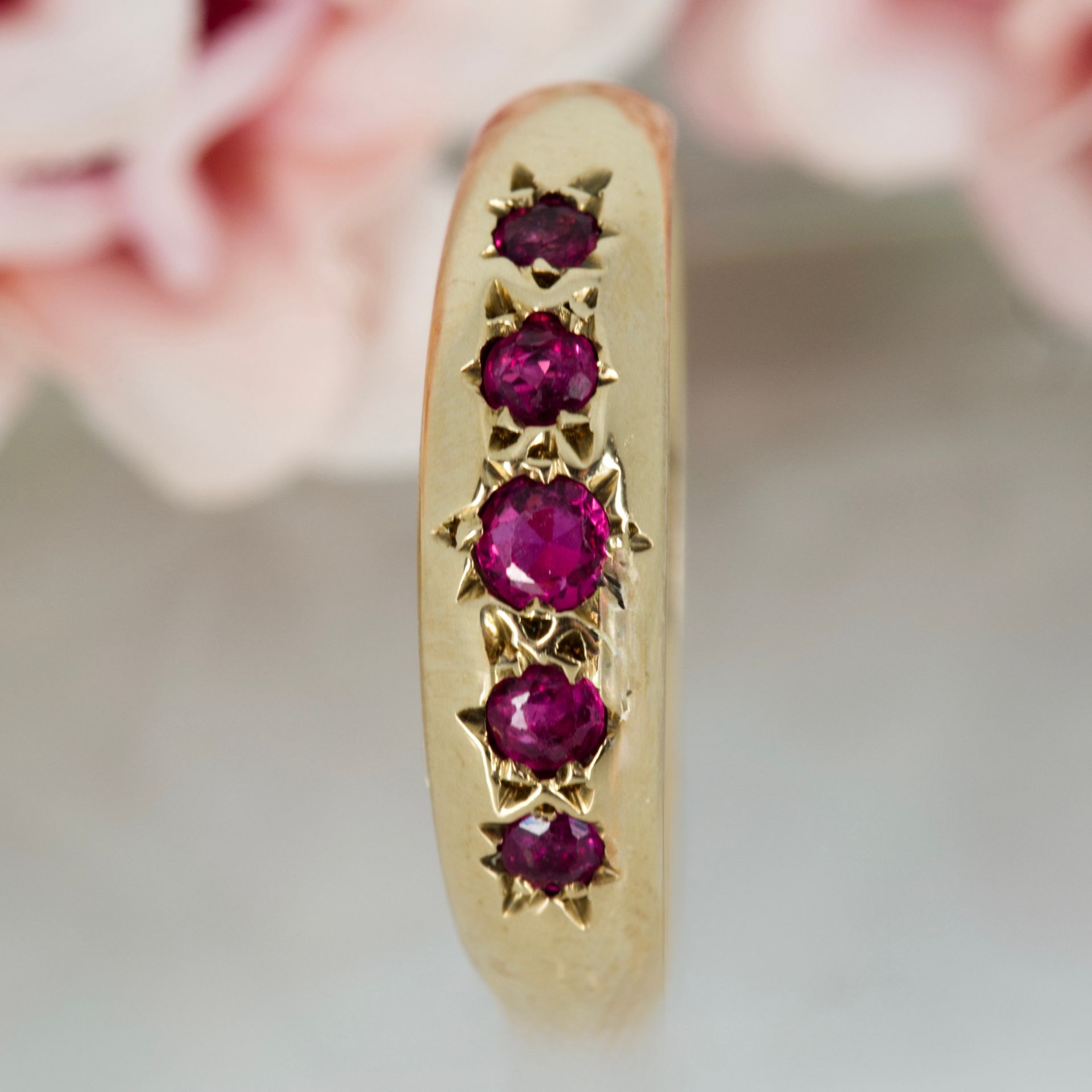 Pre-Loved 9ct Yellow Gold Round Cut Ruby Five Stone Gypsy Set Ring