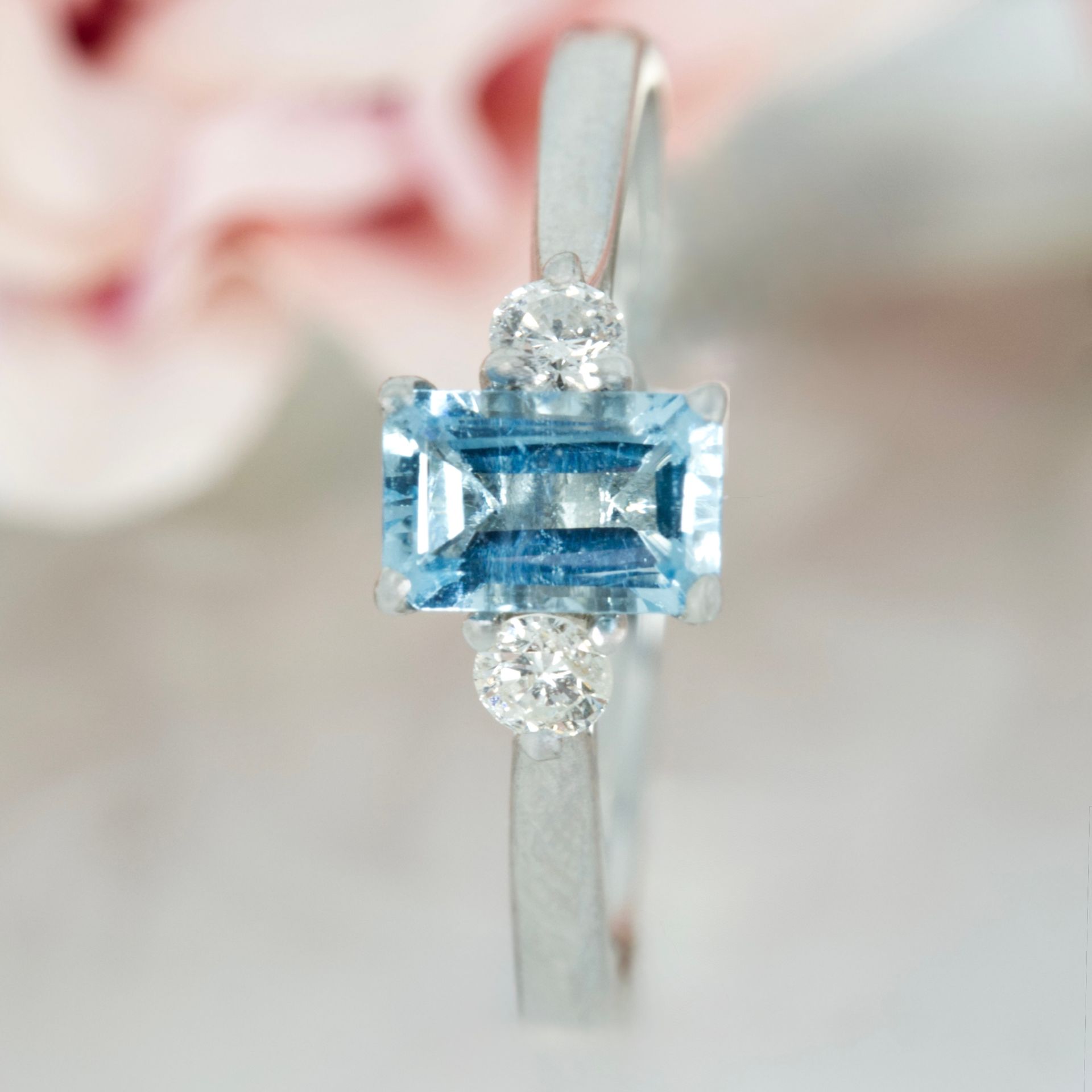 Platinum Octagonal Cut Aquamarine & Round Brilliant Cut Diamond Trilogy Ring