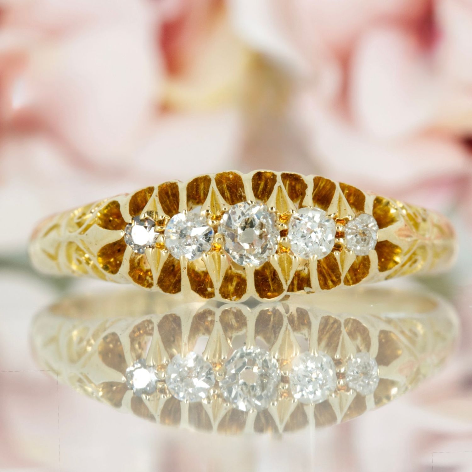 Antique 18ct Yellow Gold Round Cut Diamond Five Stone Ring, hallmarked Birmingham 1908 Antique 18ct Yellow Gold Round Cut Diamond Five Stone Ring, hallmarked Birmingham 1908