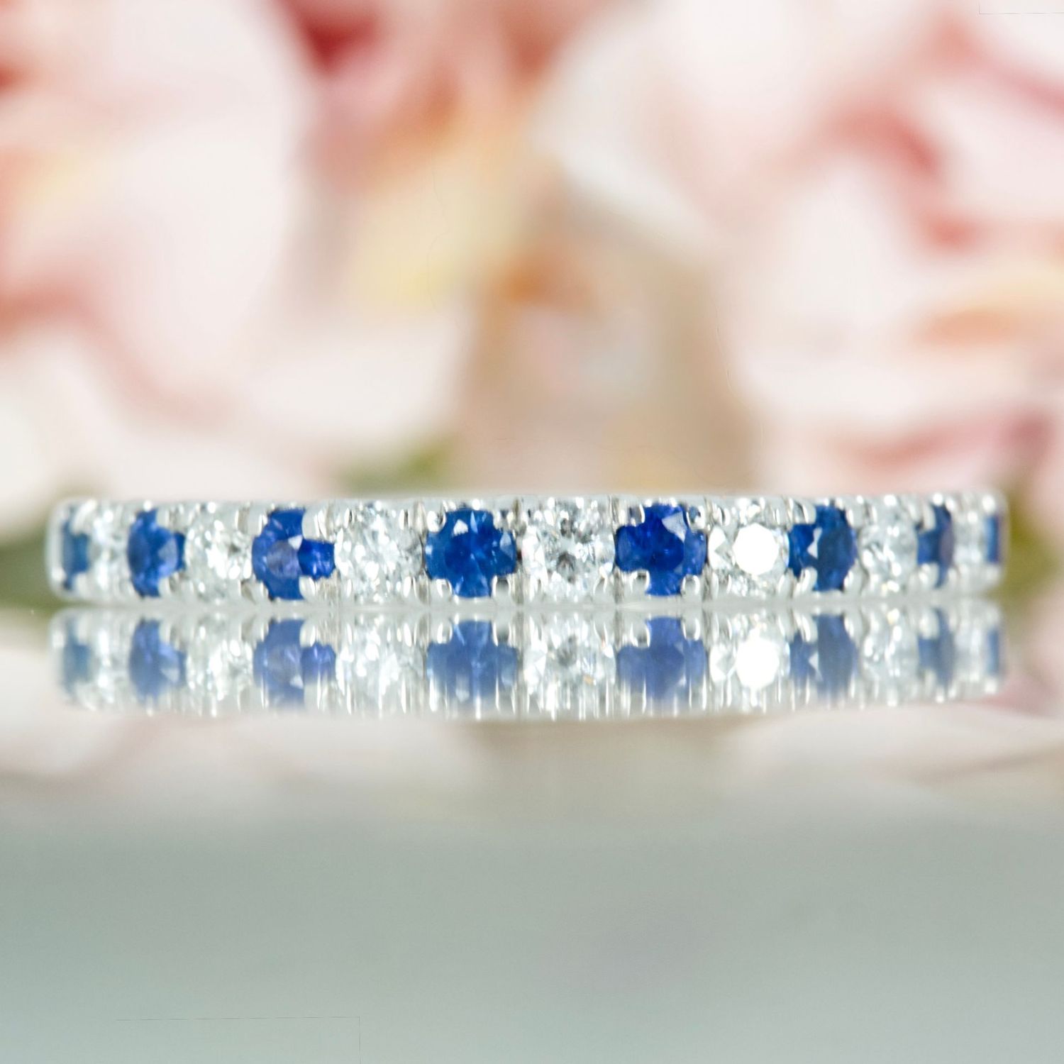Platinum Round Cut Sapphire & Round Brilliant Cut Diamond Claw Set Half Eternity Ring
