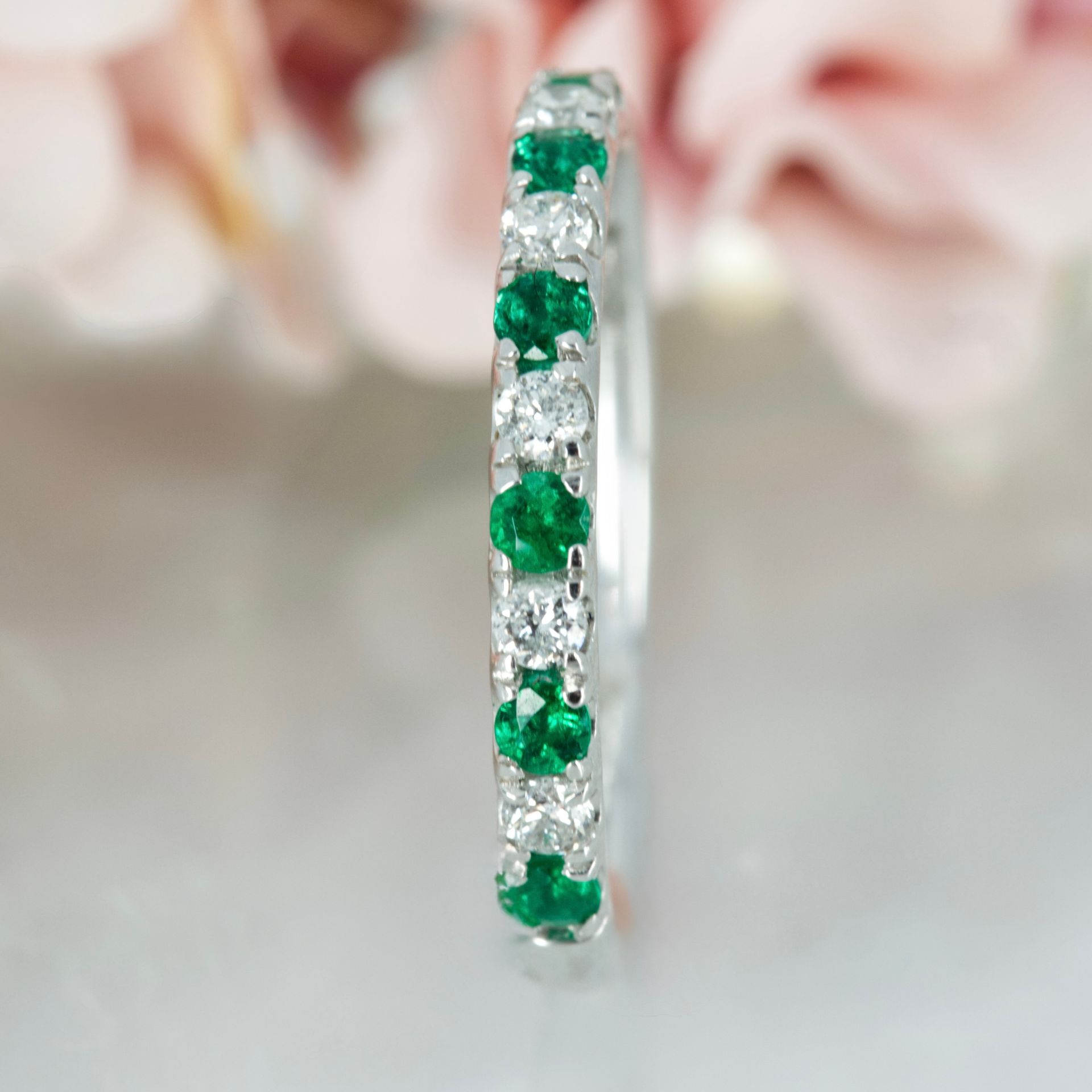 Platinum Round Cut Emerald & Round Brilliant Cut Diamond Claw Set Half Eternity Ring