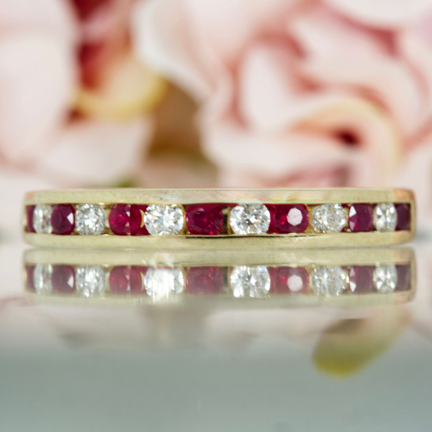 9ct Yellow Gold Round Cut Ruby & Round Brilliant Cut Diamond Channel Set Half Eternity Ring