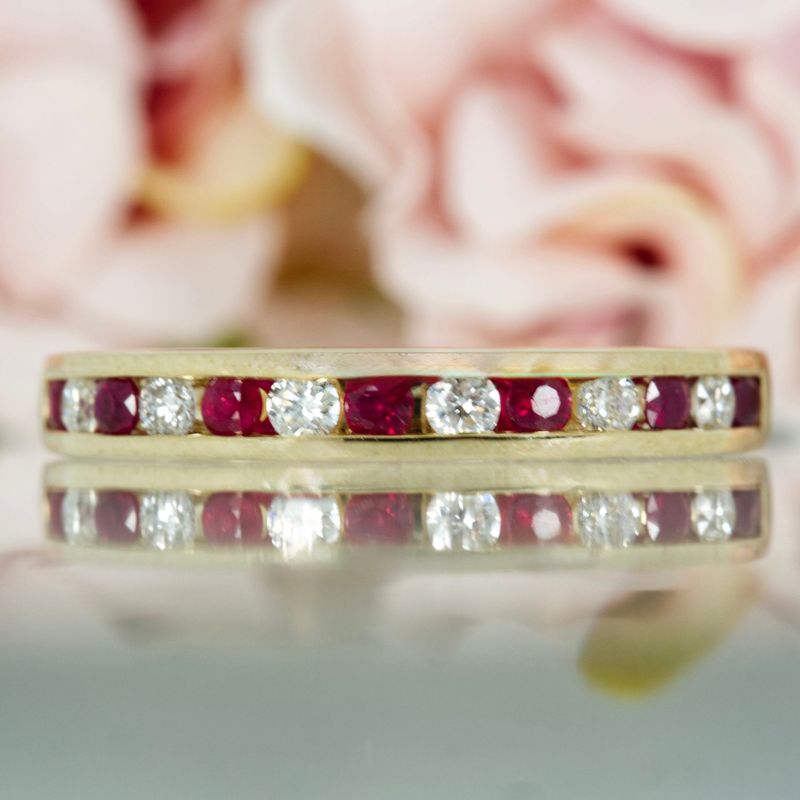 9ct Yellow Gold Round Cut Ruby & Round Brilliant Cut Diamond Channel Set Half Eternity Ring