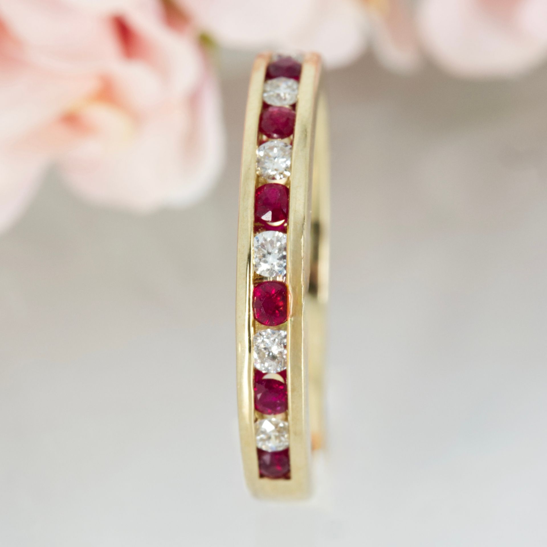 9ct Yellow Gold Round Cut Ruby & Round Brilliant Cut Diamond Channel Set Half Eternity Ring