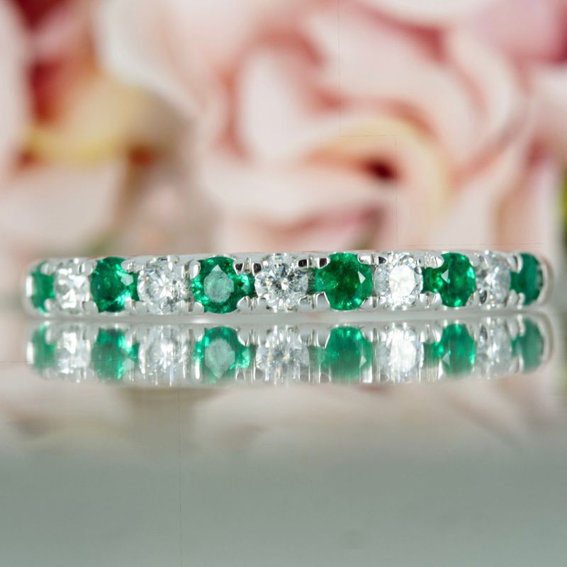 Platinum Round Cut Emerald & Round Brilliant Cut Diamond Claw Set Half Eternity Ring
