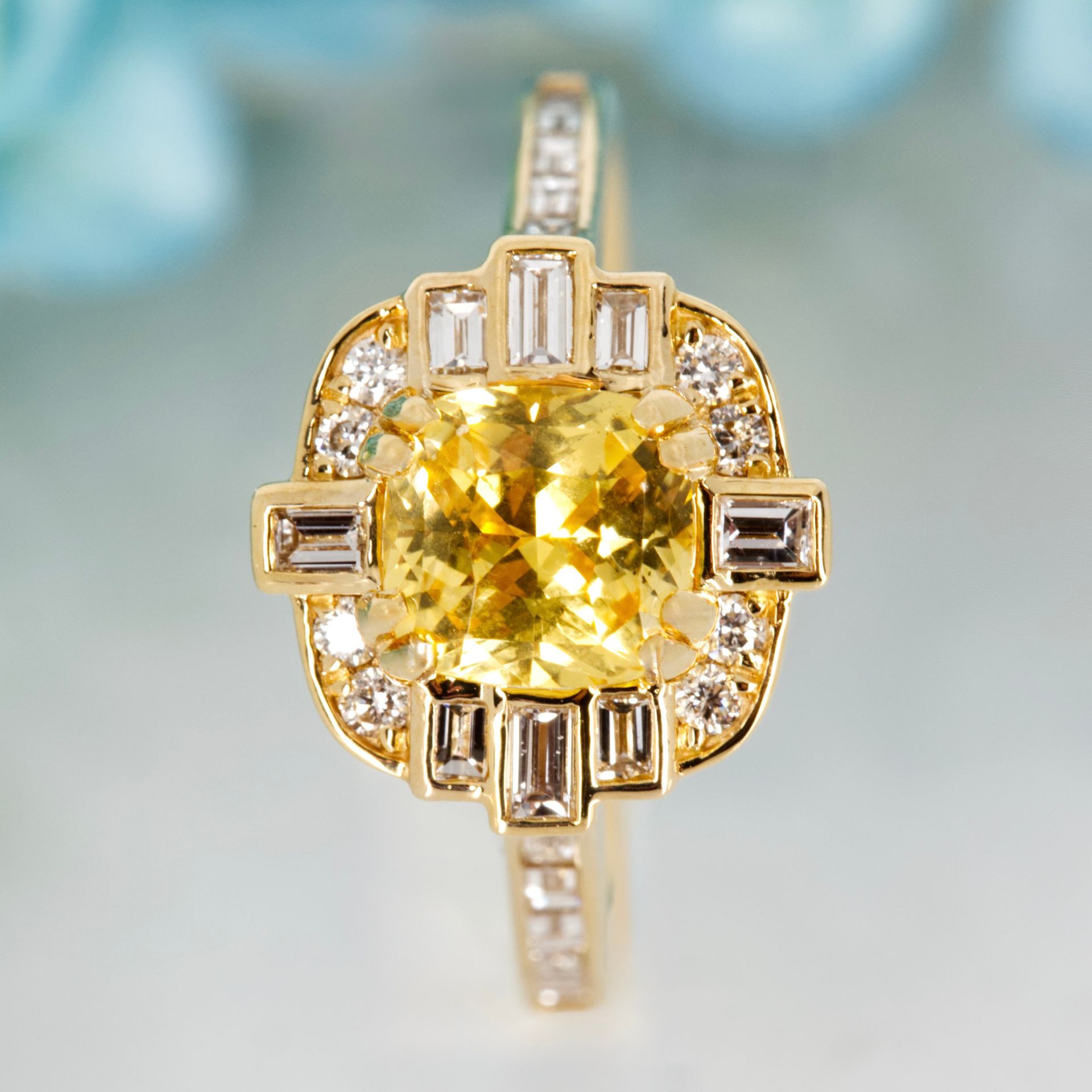 18ct Yellow Gold Cushion Cut Yellow Sapphire & Diamond Cluster Ring