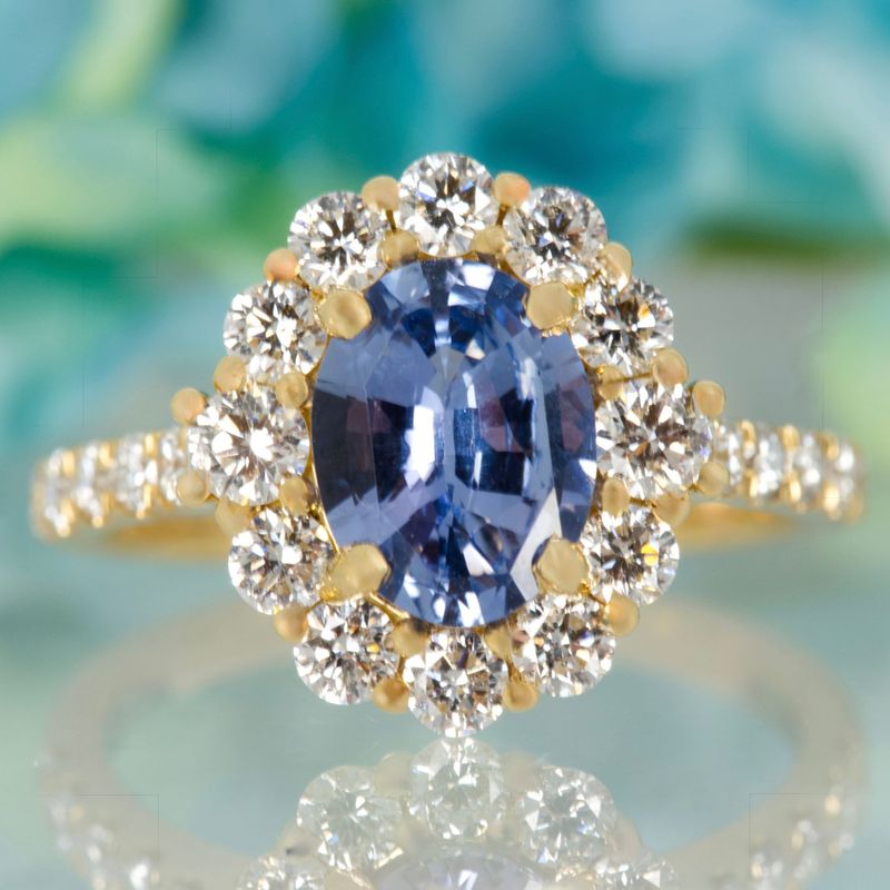18ct Yellow Gold Oval Cut Purple Sapphire & Round Brilliant Cut Diamond Cluster Ring