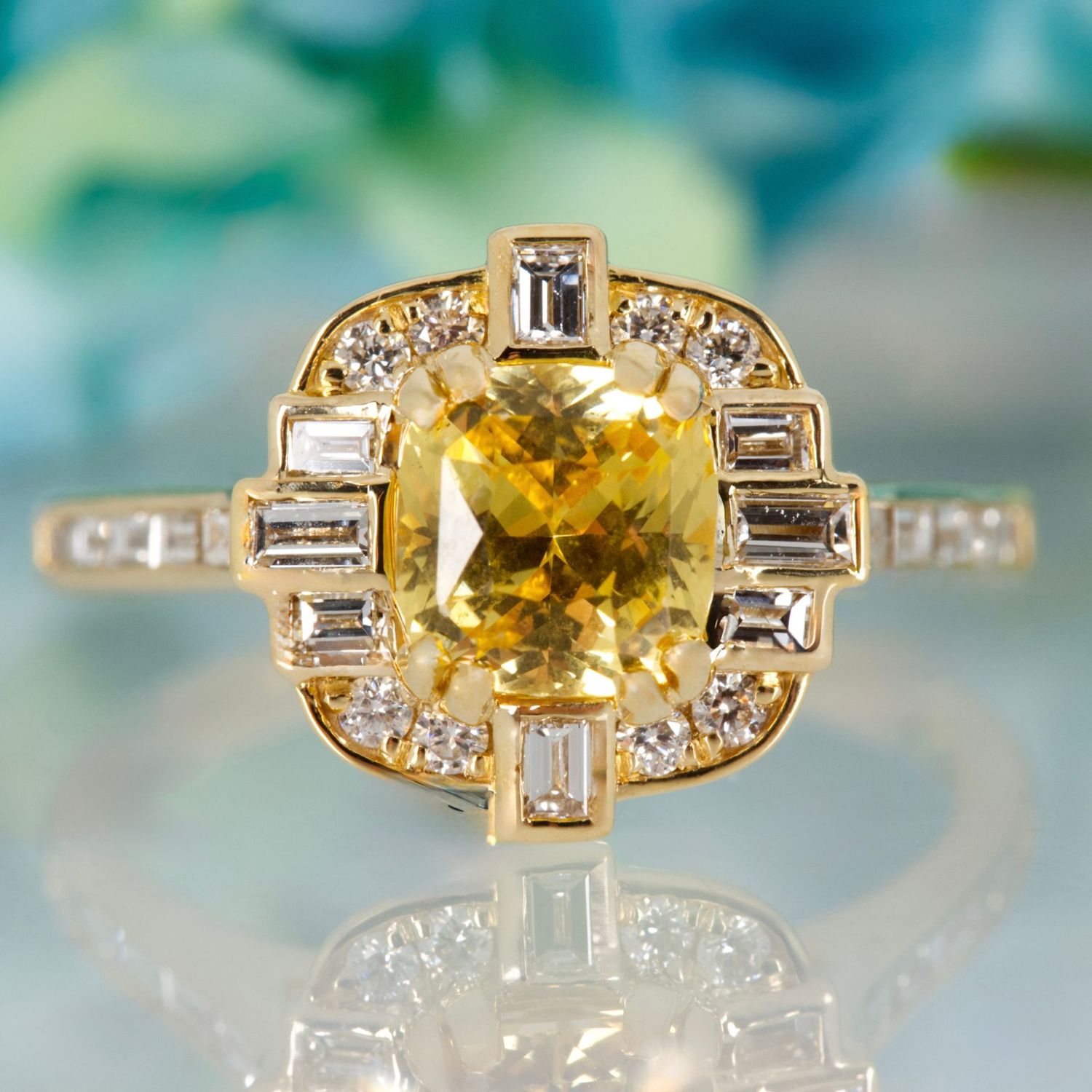 18ct Yellow Gold Cushion Cut Yellow Sapphire & Diamond Cluster Ring