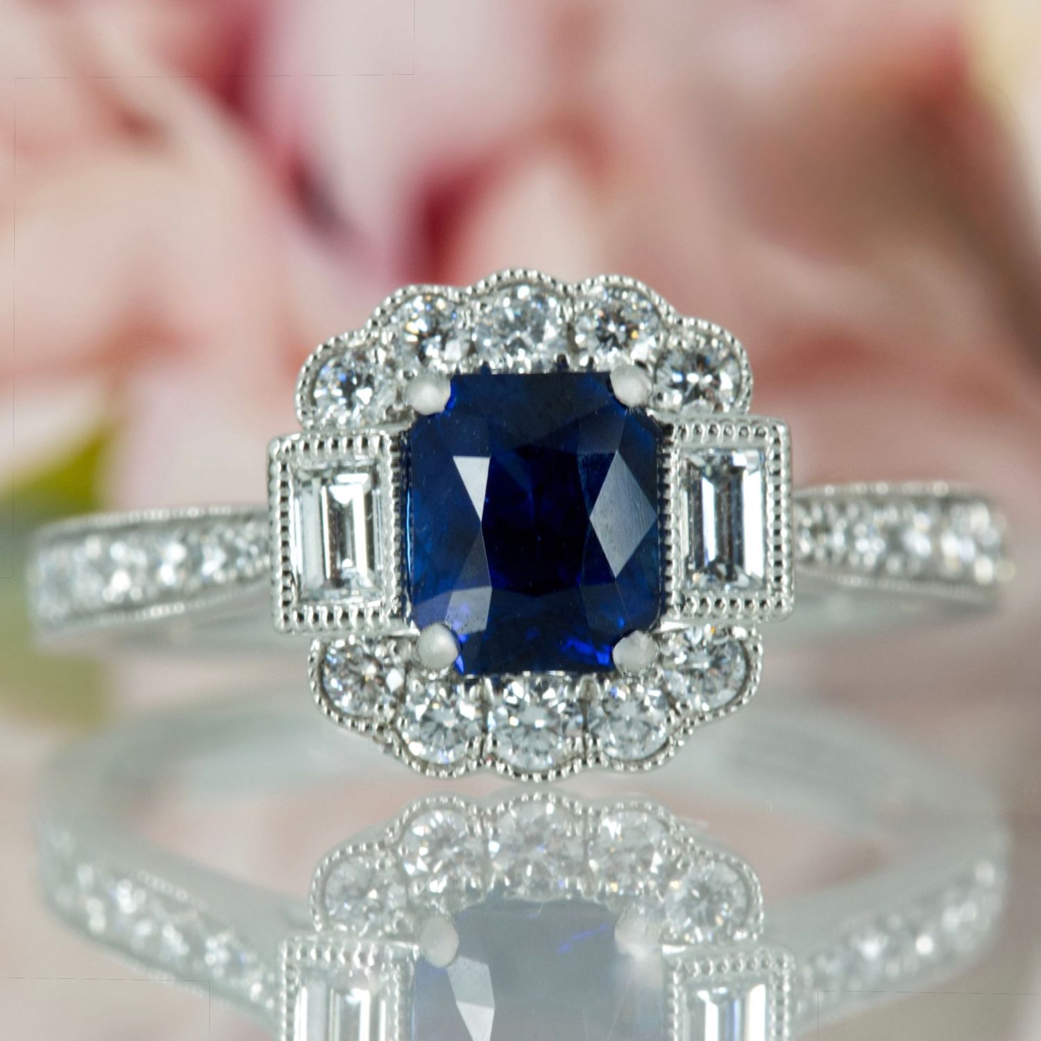 Platinum Octagonal Cut Sapphire & Baguette and Round Brilliant Cut Diamond Cluster Ring
