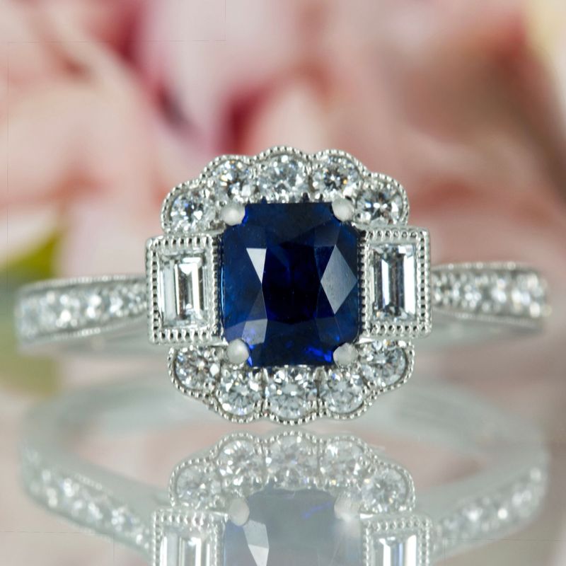 Platinum Octagonal Cut Sapphire & Baguette and Round Brilliant Cut Diamond Cluster Ring