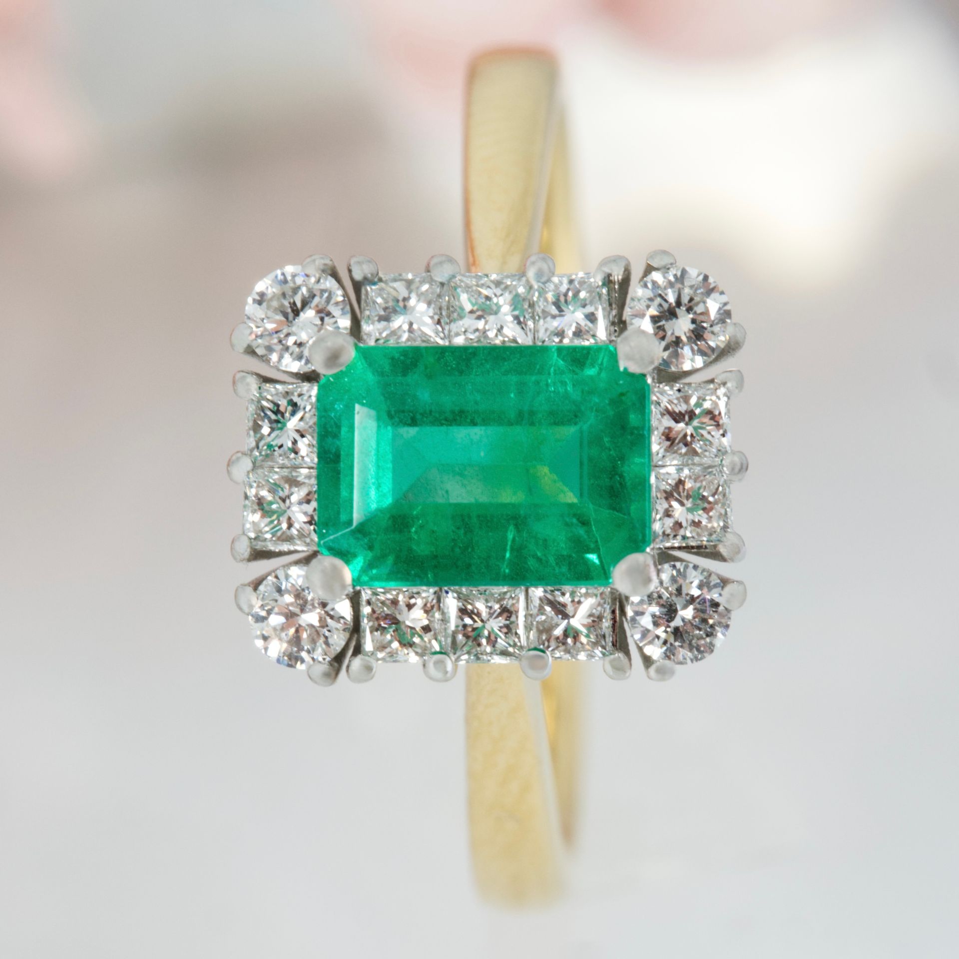 18ct Yellow Gold & Platinum Octagonal Cut Emerald & Princess and Round Brilliant Cut Diamond Cluster Ring