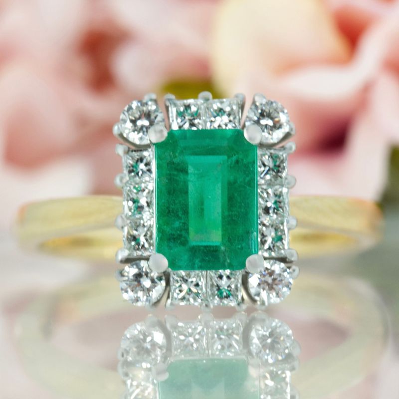 18ct Yellow Gold & Platinum Octagonal Cut Emerald & Princess and Round Brilliant Cut Diamond Cluster Ring