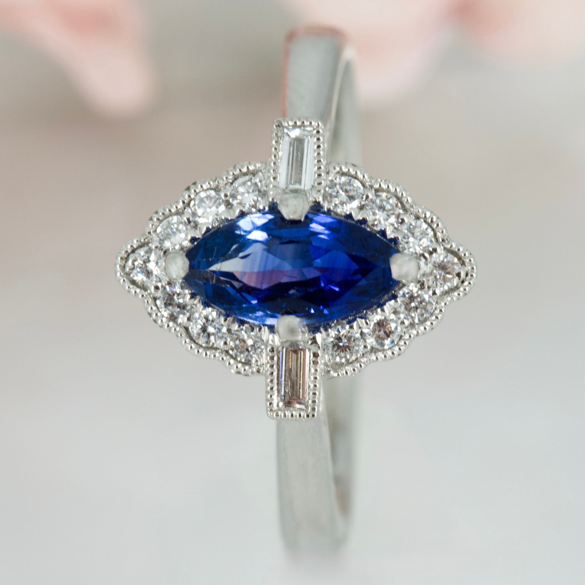 Platinum Marquise Cut Sapphire & Baguette and Round Brilliant Cut Diamond Cluster Ring