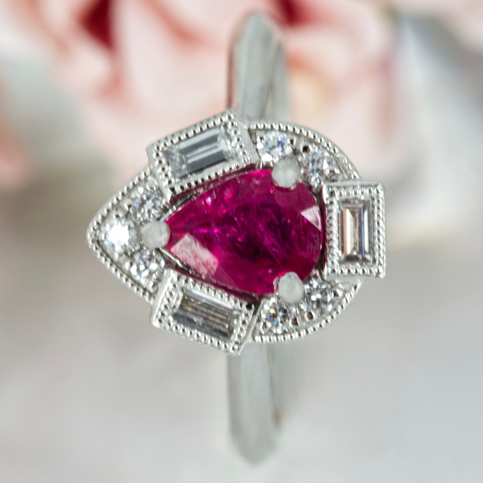 Platinum Pear Cut Ruby & Baguette and Round Brilliant Cut Diamond Cluster Ring