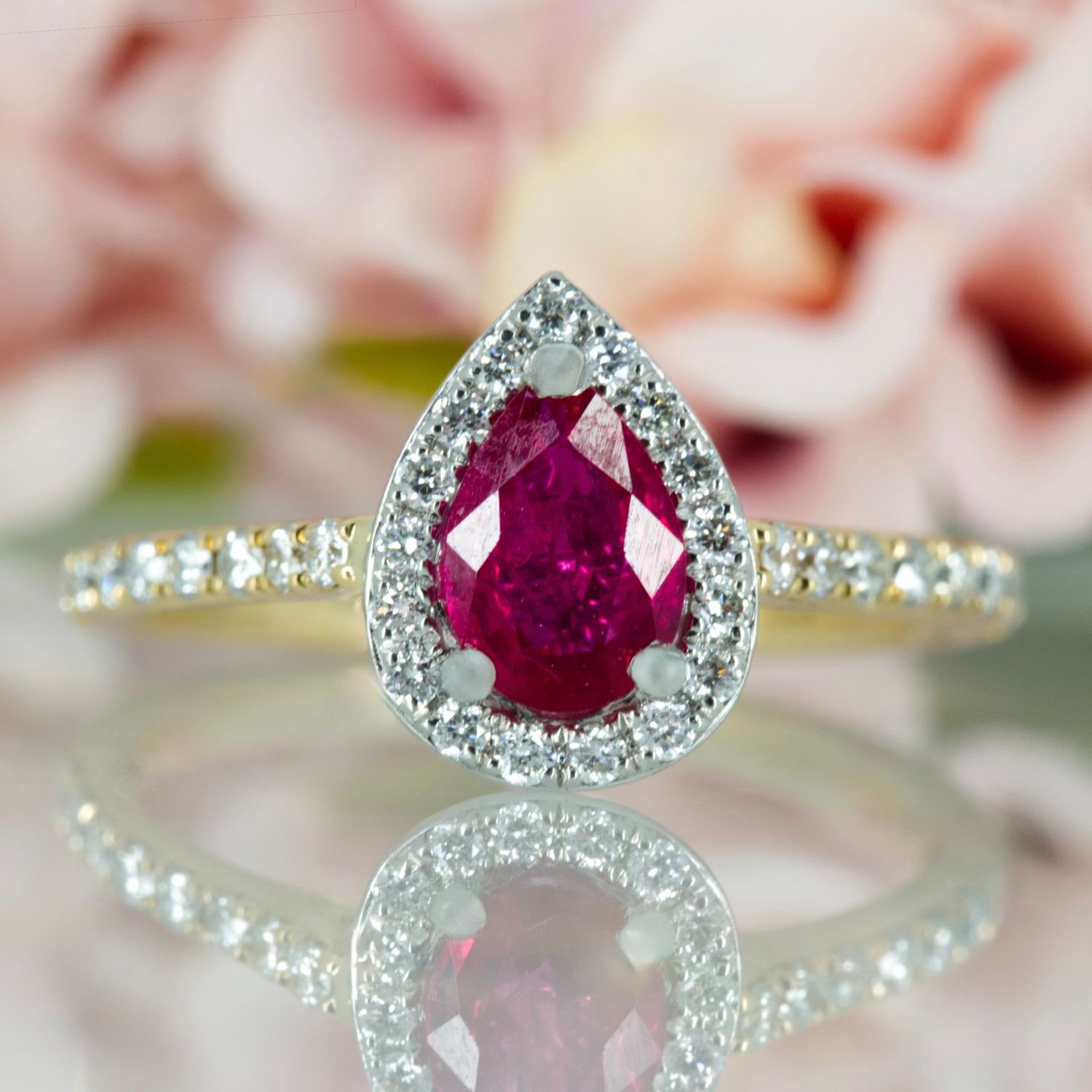 18ct Yellow Gold & Platinum Pear Cut Ruby & Round Brilliant Cut Diamond Halo Cluster Ring