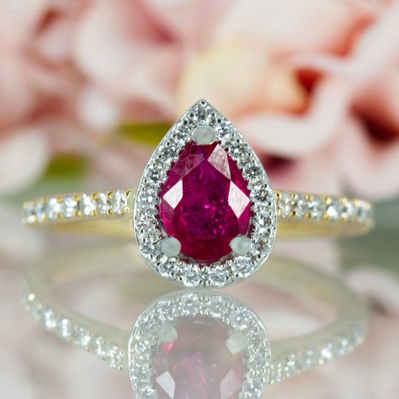 18ct Yellow Gold & Platinum Pear Cut Ruby & Round Brilliant Cut Diamond Halo Cluster Ring