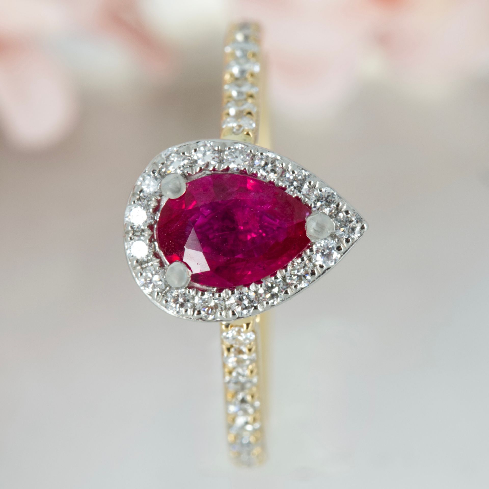 18ct Yellow Gold & Platinum Pear Cut Ruby & Round Brilliant Cut Diamond Halo Cluster Ring