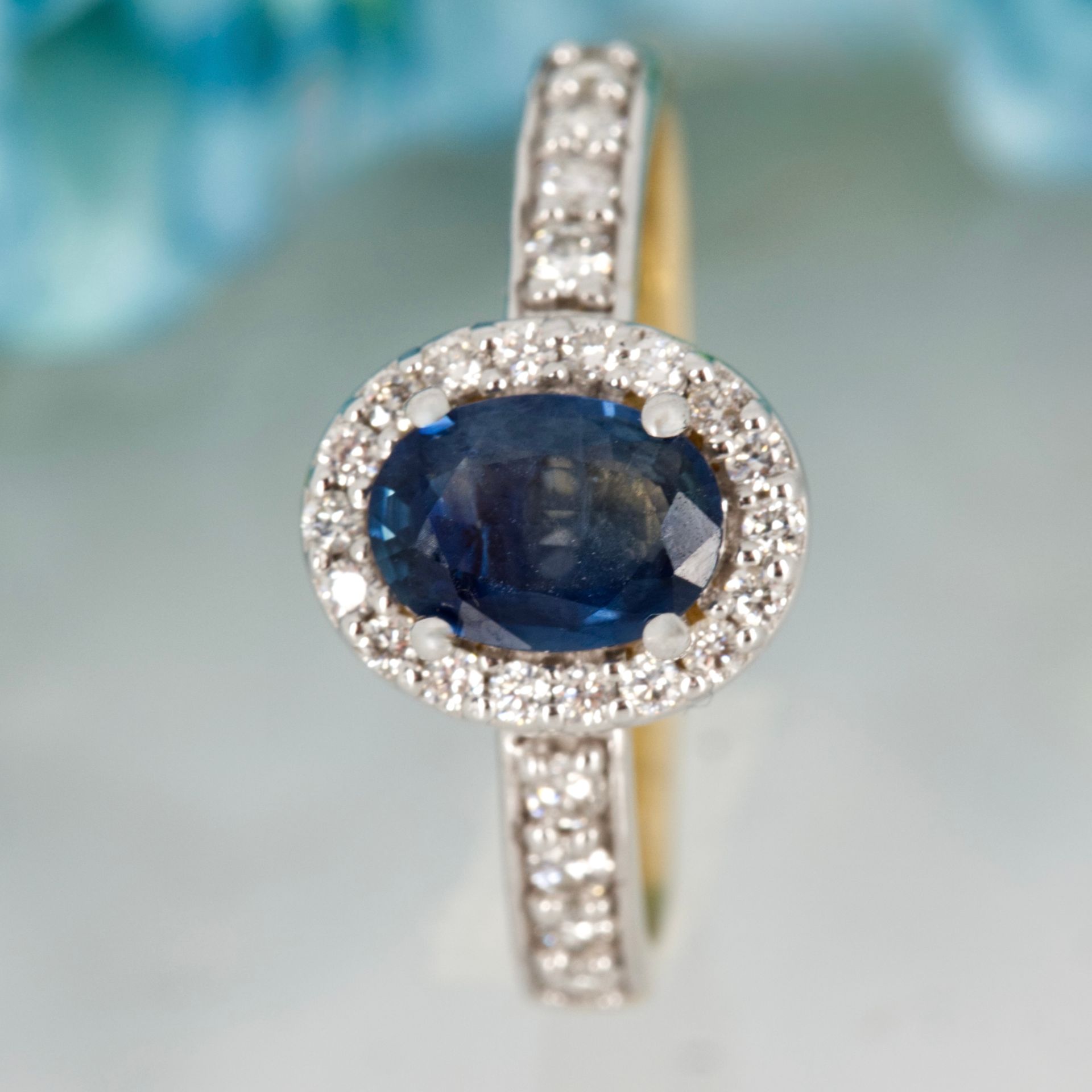 9ct Yellow Gold Oval Cut Sapphire & Round Brilliant Cut Diamond Halo Cluster Ring