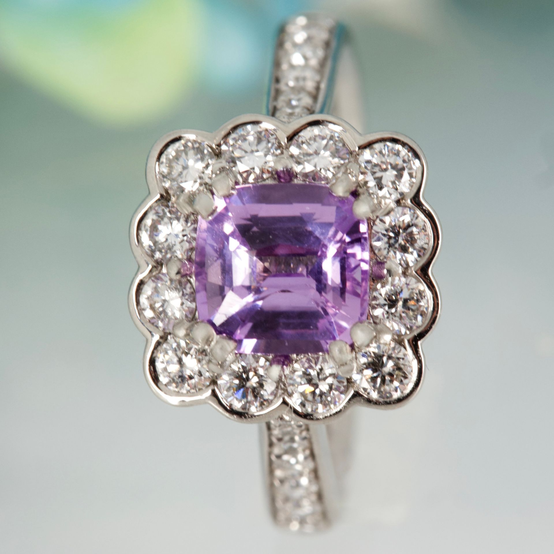 Platinum Cushion Cut Lilac Sapphire & Round Brilliant Cut Diamond Cluster Ring