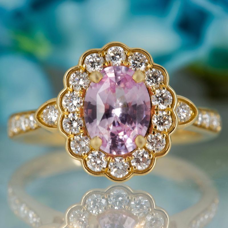 18ct Yellow Gold Oval Cut Pink Sapphire & Round Brilliant Cut Diamond Cluster Ring