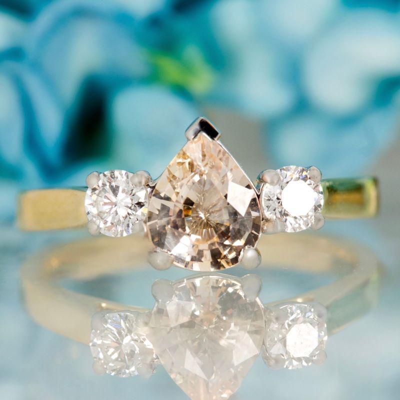 18ct Yellow Gold Pear Cut Blush Sapphire & Round Brilliant Cut Diamond Trilogy Ring