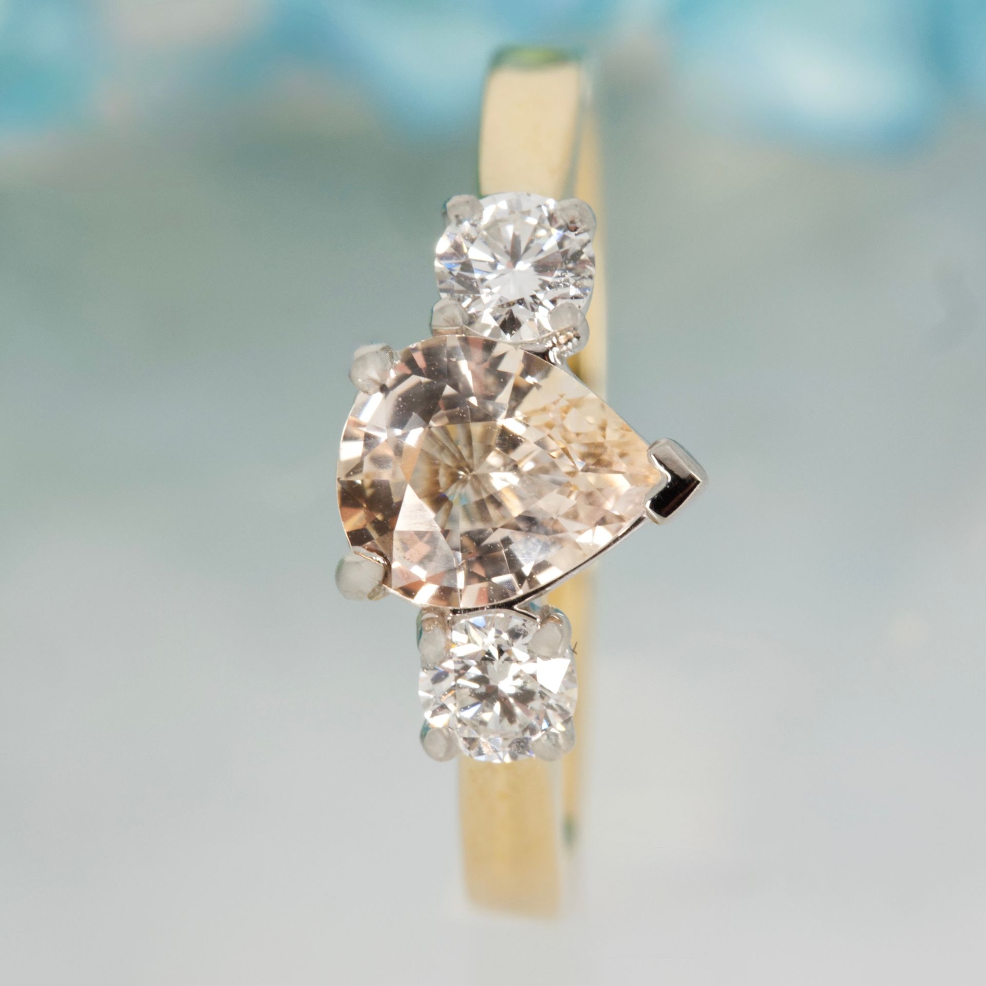 18ct Yellow Gold Pear Cut Blush Sapphire & Round Brilliant Cut Diamond Trilogy Ring