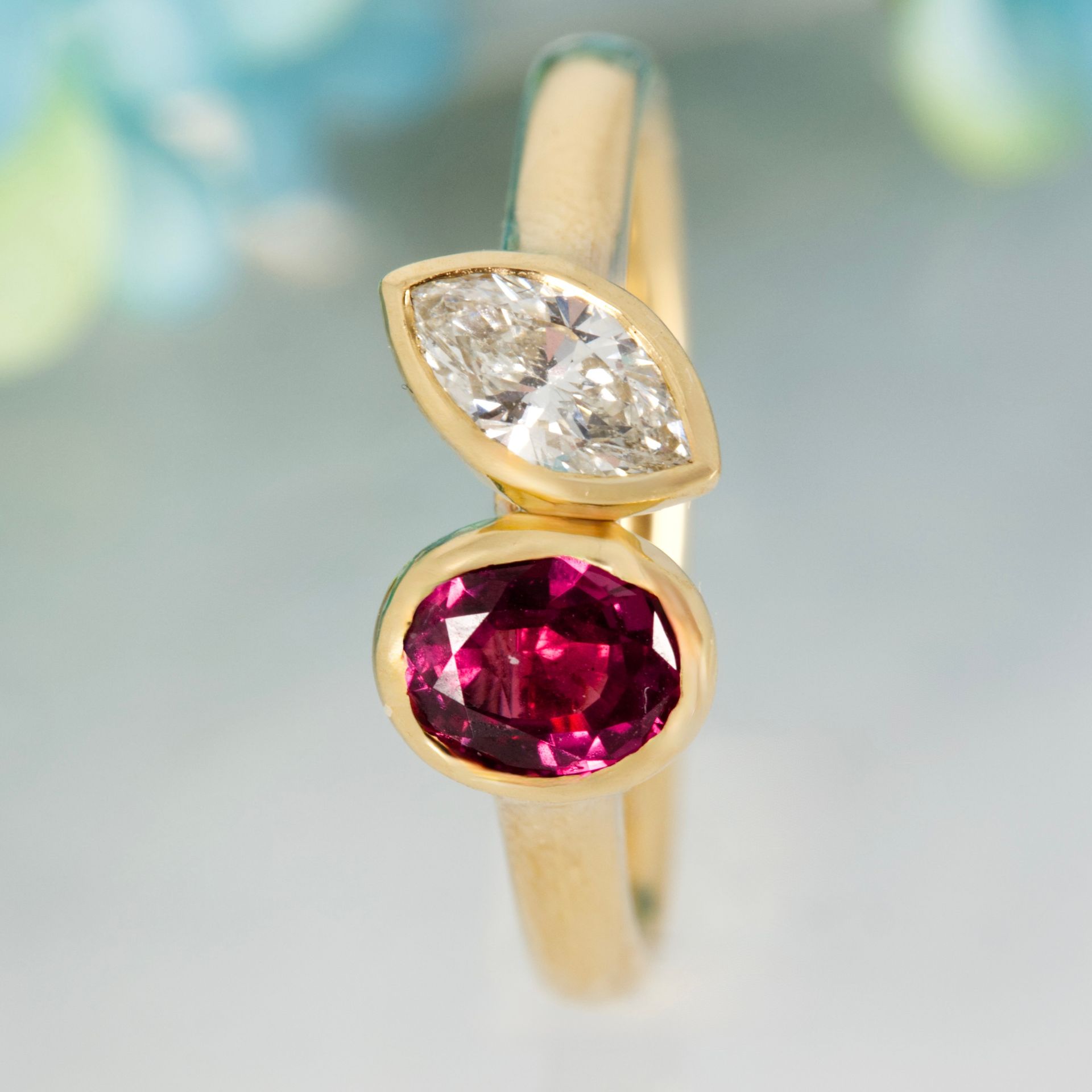 18ct Yellow Gold Oval Cut Ruby & Marquise Cut Diamond Toi et Moi Ring