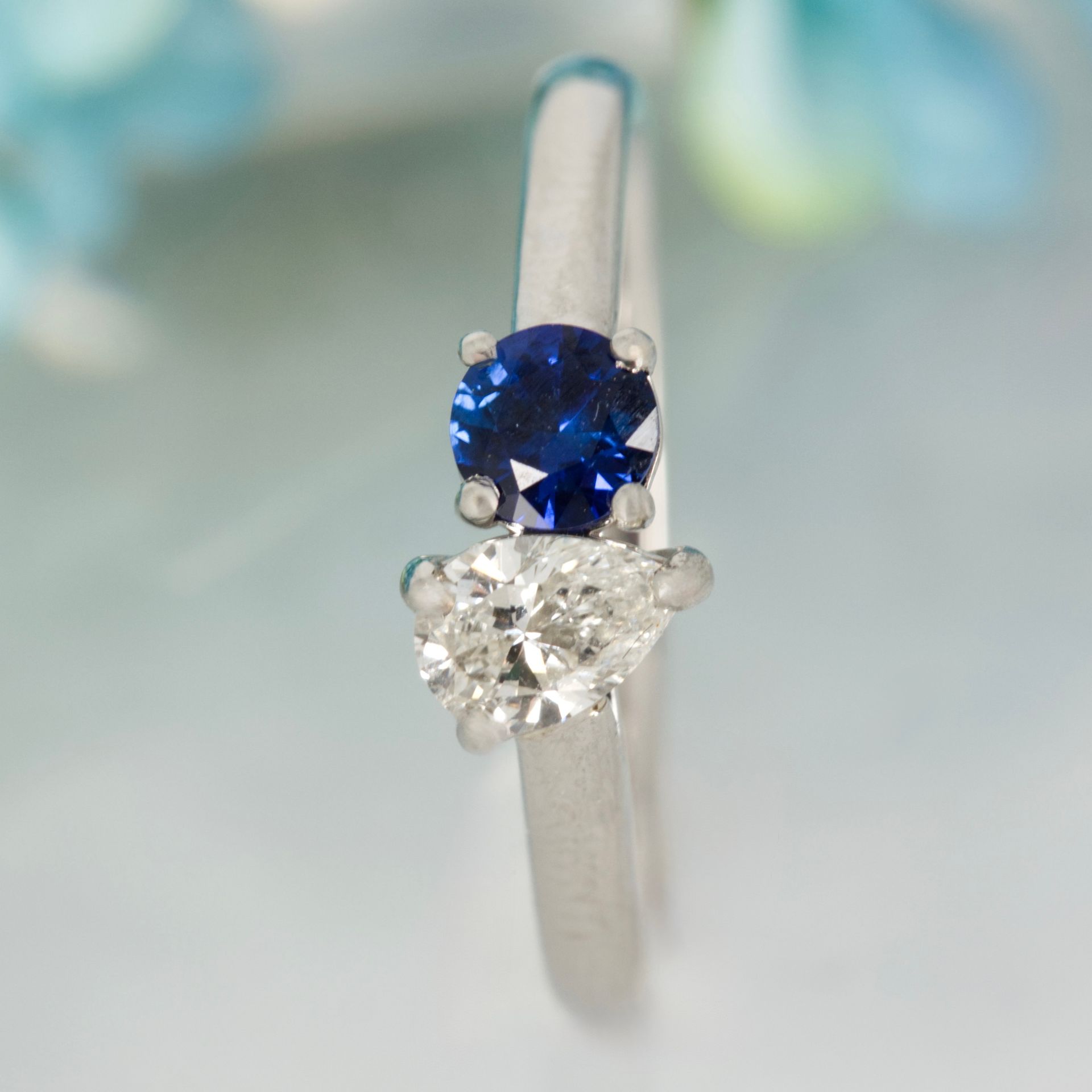 Platinum Round Cut Sapphire & Pear Cut Diamond Toi et Moi Ring