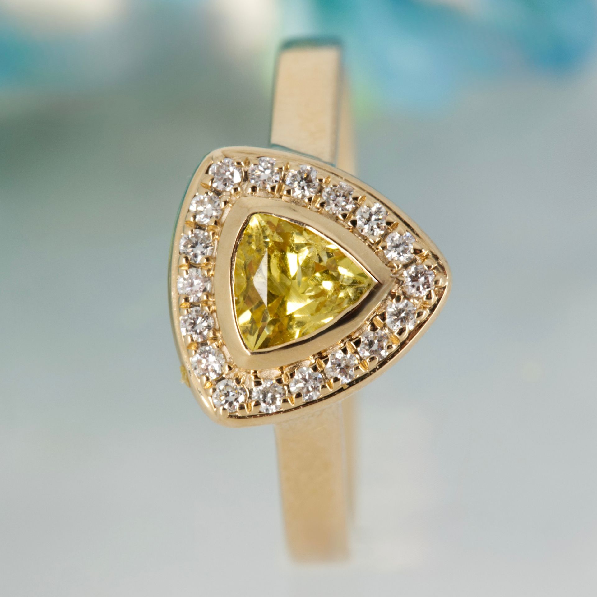 9ct Yellow Gold Trilliant Cut Yellow Sapphire & Round Brilliant Cut Diamond Halo Cluster Ring