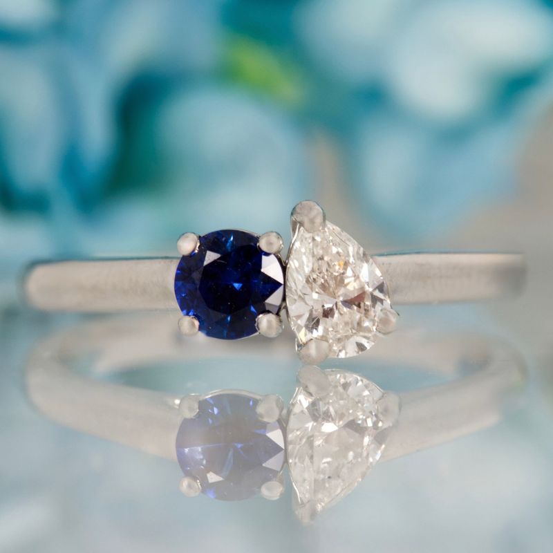 Platinum Round Cut Sapphire & Pear Cut Diamond Toi et Moi Ring