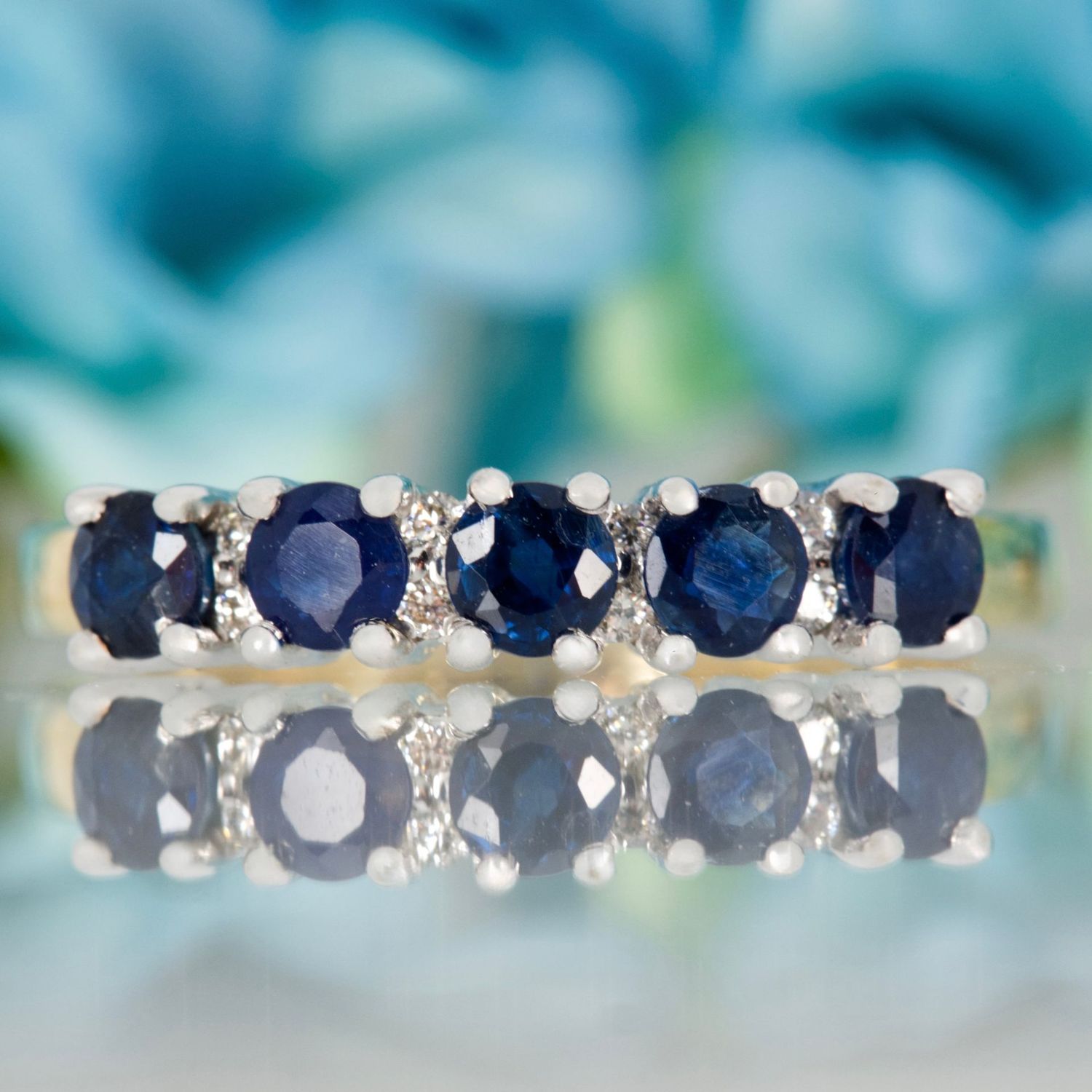 9ct Yellow Gold Round Cut Sapphire & Round Brilliant Cut Diamond Half Eternity Ring