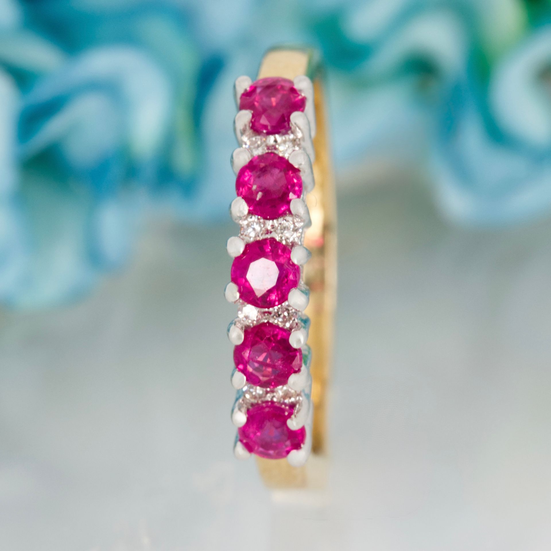 9ct Yellow Gold Round Cut Ruby & Round Brilliant Cut Diamond Half Eternity Ring