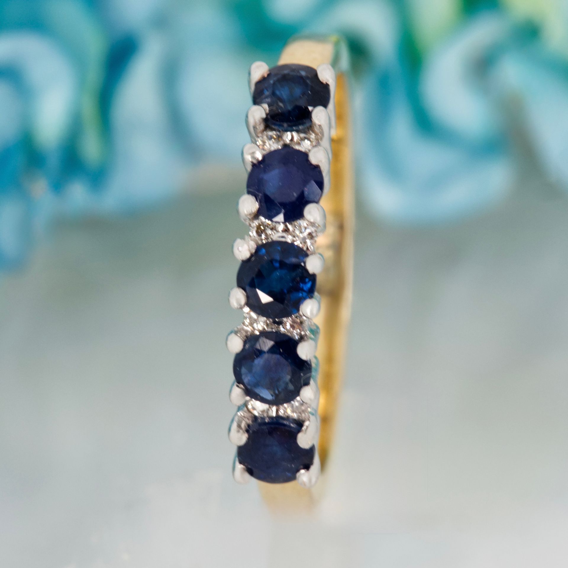 9ct Yellow Gold Round Cut Sapphire & Round Brilliant Cut Diamond Half Eternity Ring