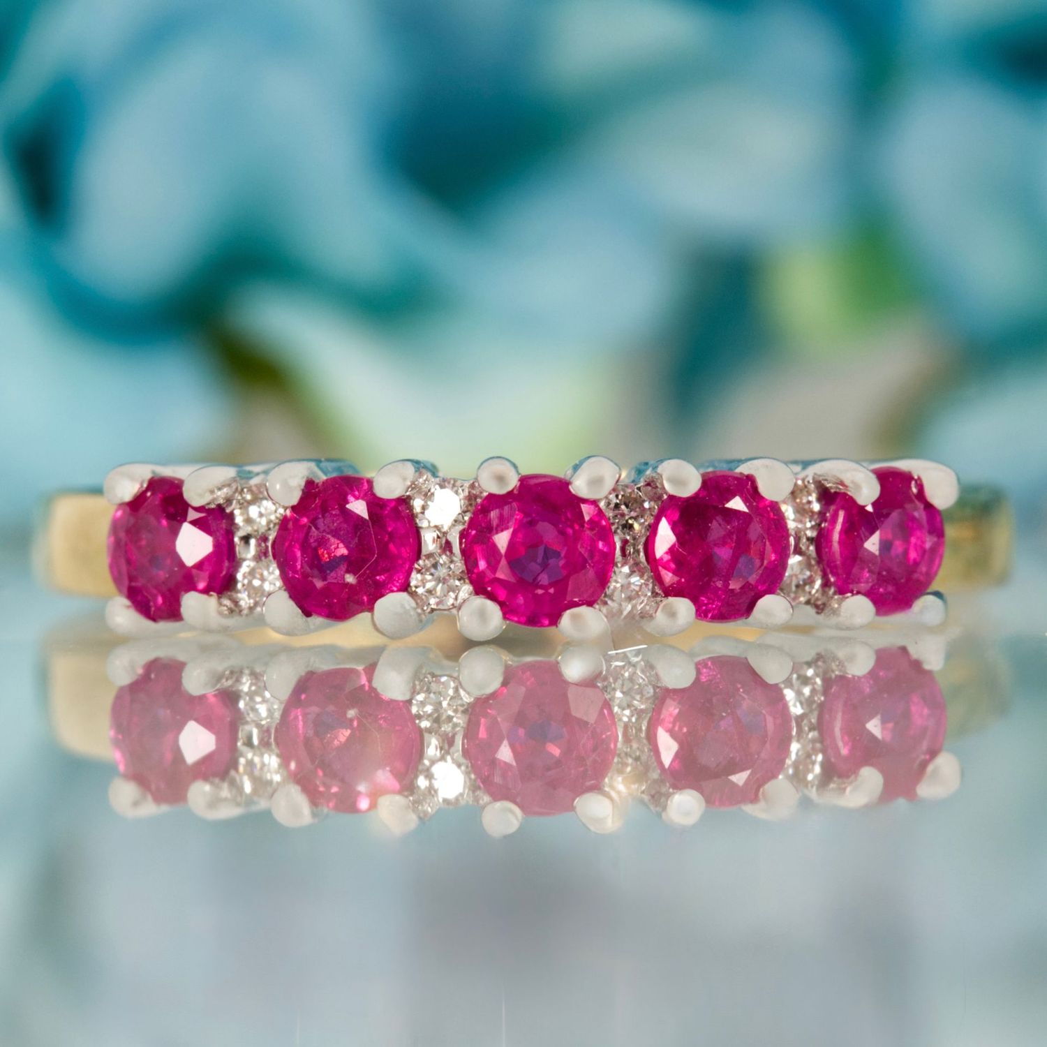 9ct Yellow Gold Round Cut Ruby & Round Brilliant Cut Diamond Half Eternity Ring