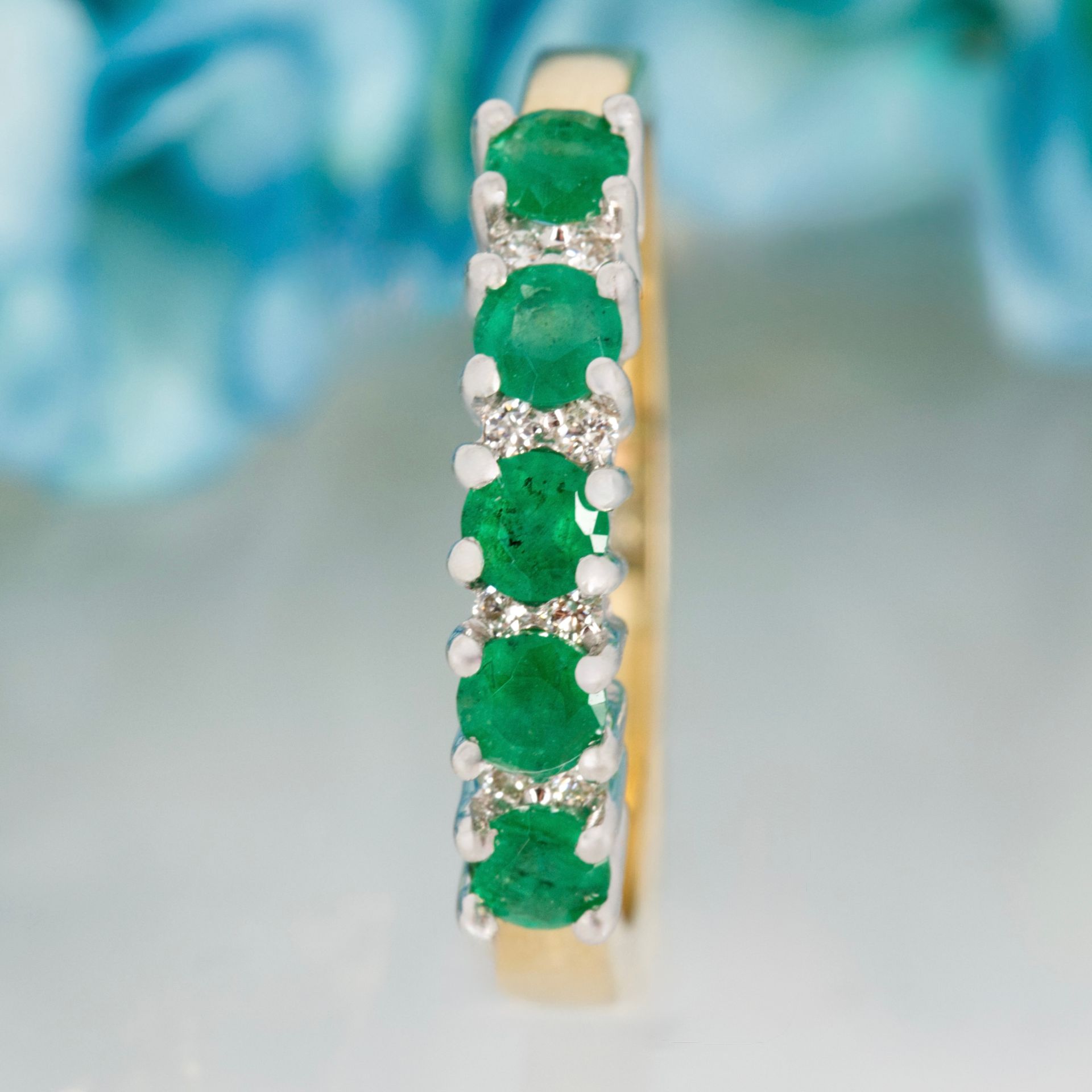 9ct Yellow Gold Round Cut Emerald & Round Brilliant Cut Diamond Half Eternity Ring