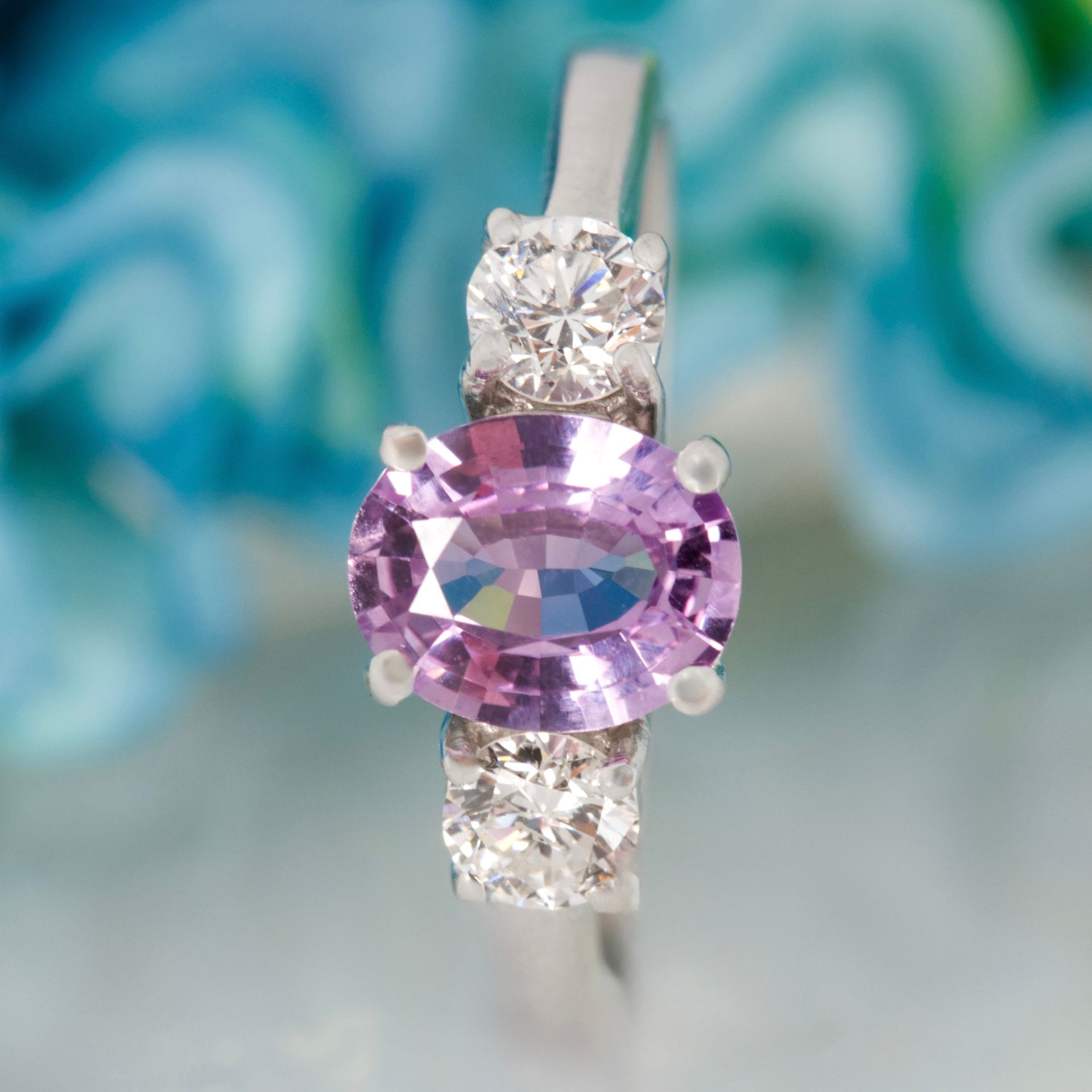 Pre-Loved 18ct White Gold Oval Cut Lilac Sapphire & Round Brilliant Cut Diamond Trilogy Ring