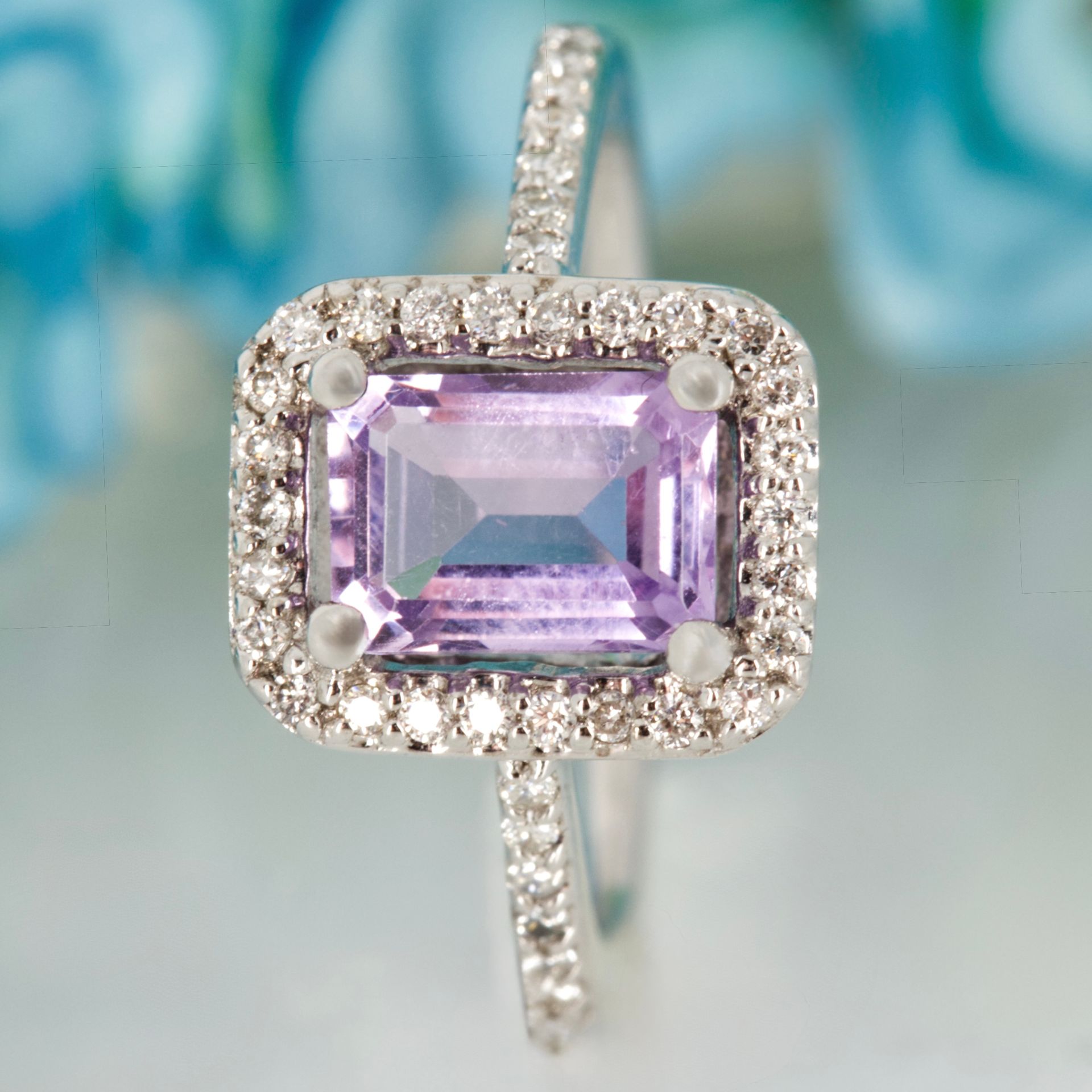 Pre-Loved 9ct White Gold Octagonal Cut Amethyst & Round Brilliant Cut Diamond Halo Cluster Ring