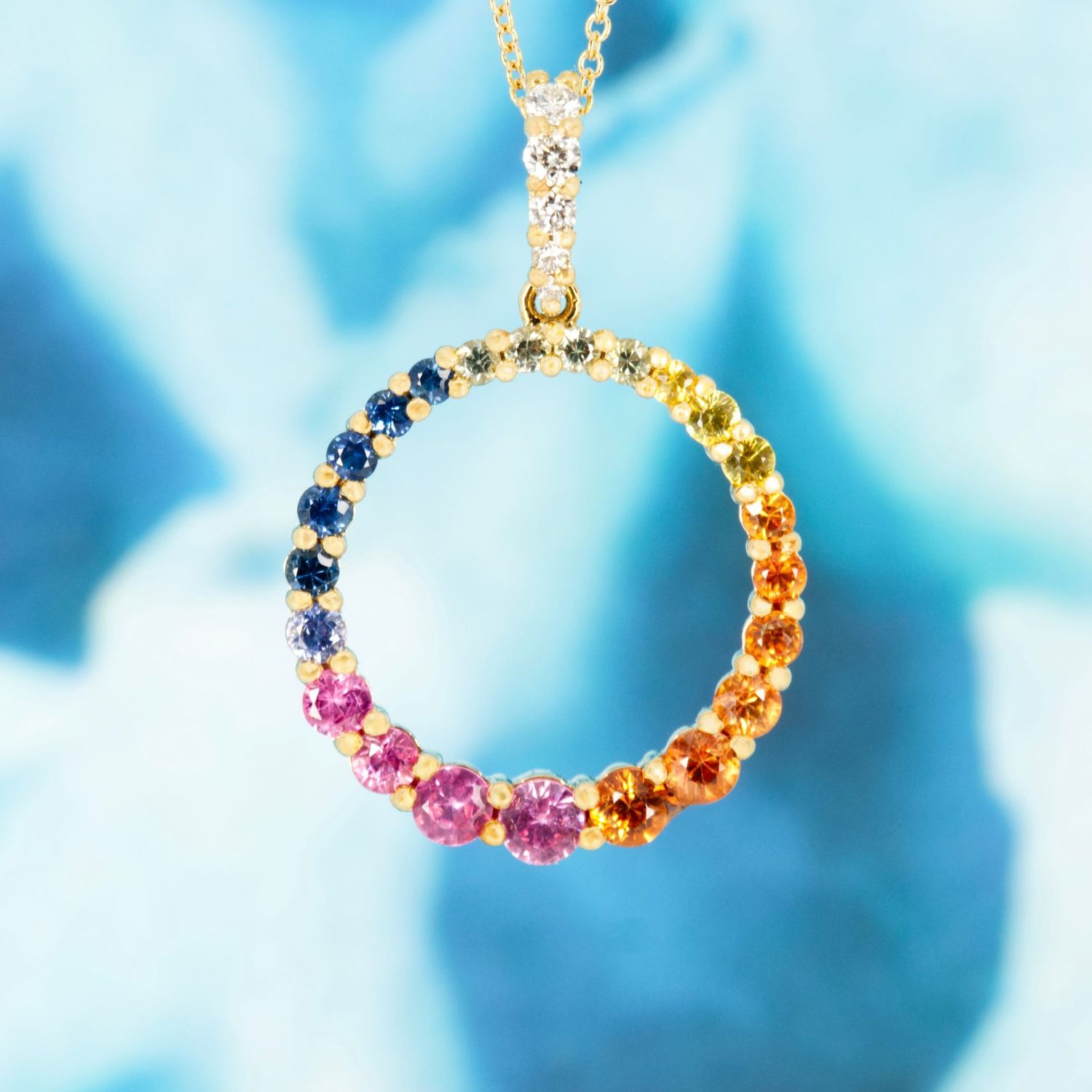 18ct Yellow Gold Round Cut Multi-Coloured Sapphire & Diamond Circle Pendant & Chain