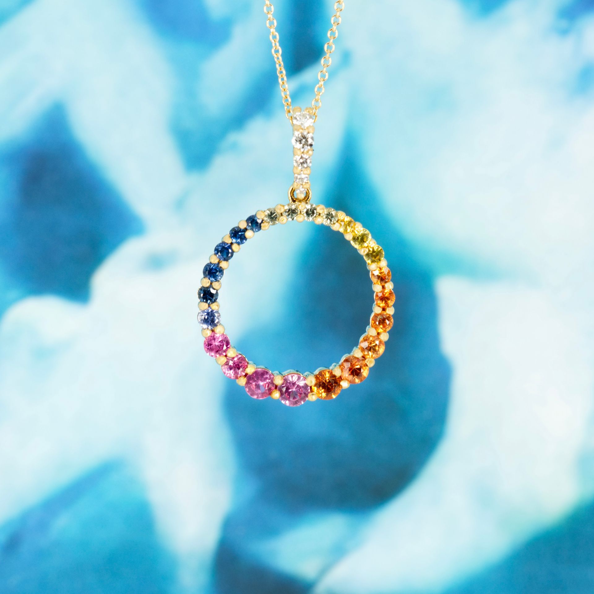 18ct Yellow Gold Round Cut Multi-Coloured Sapphire & Diamond Circle Pendant & Chain