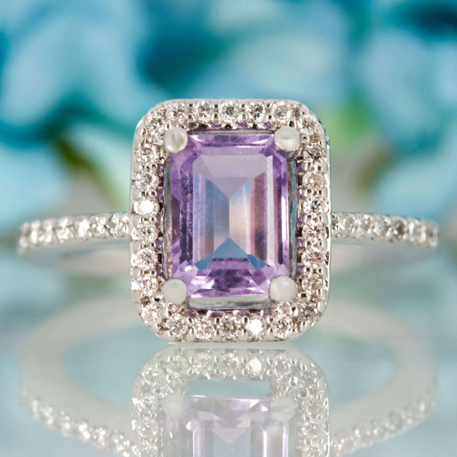 Pre-Loved 9ct White Gold Octagonal Cut Amethyst & Round Brilliant Cut Diamond Halo Cluster Ring