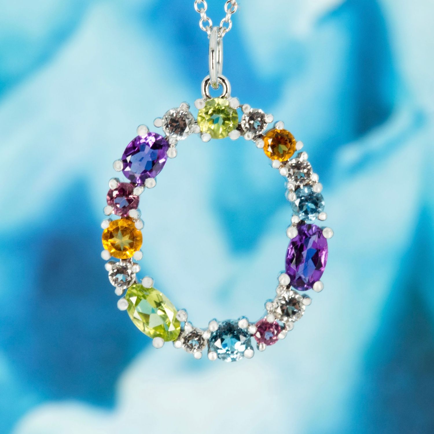 18ct White Gold Multi-Coloured Semi-Precious Stone & Diamond Oval Pendant & Chain