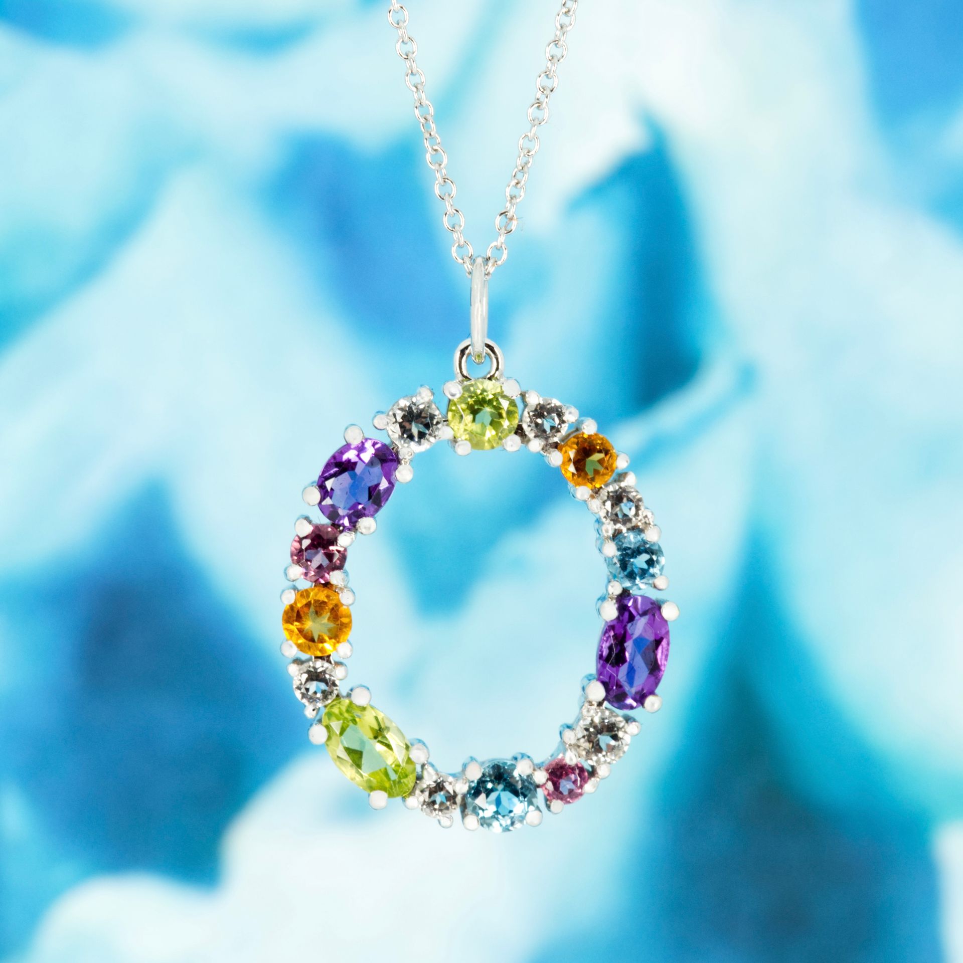18ct White Gold Multi-Coloured Semi-Precious Stone & Diamond Oval Pendant & Chain