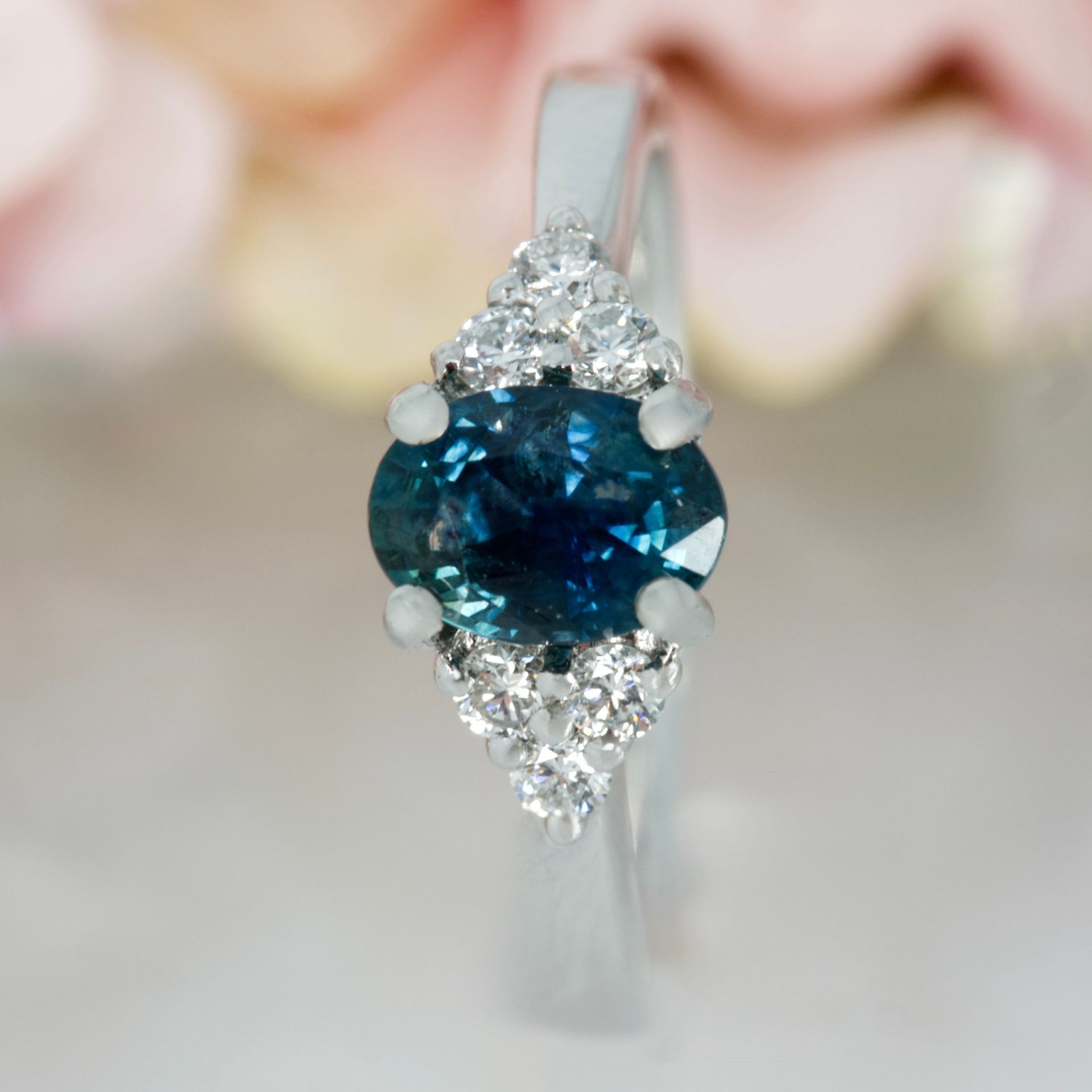 Platinum Oval Cut Montana Blue Sapphire & Round Brilliant Cut Diamond Trefoil Ring