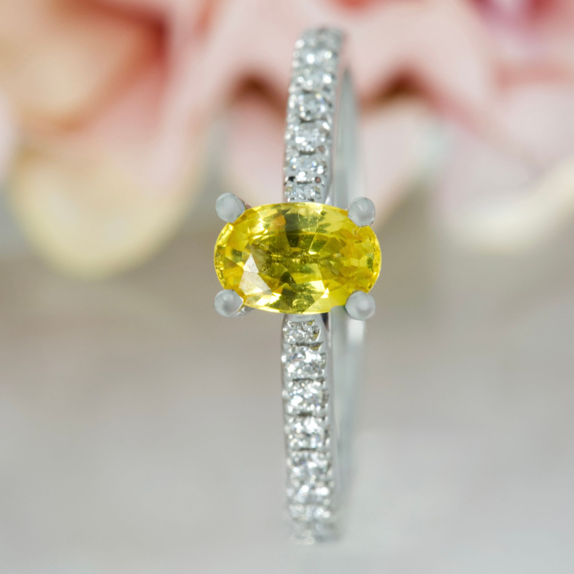 Platinum Oval Cut Yellow Sapphire & Round Brilliant Cut Diamond Ring
