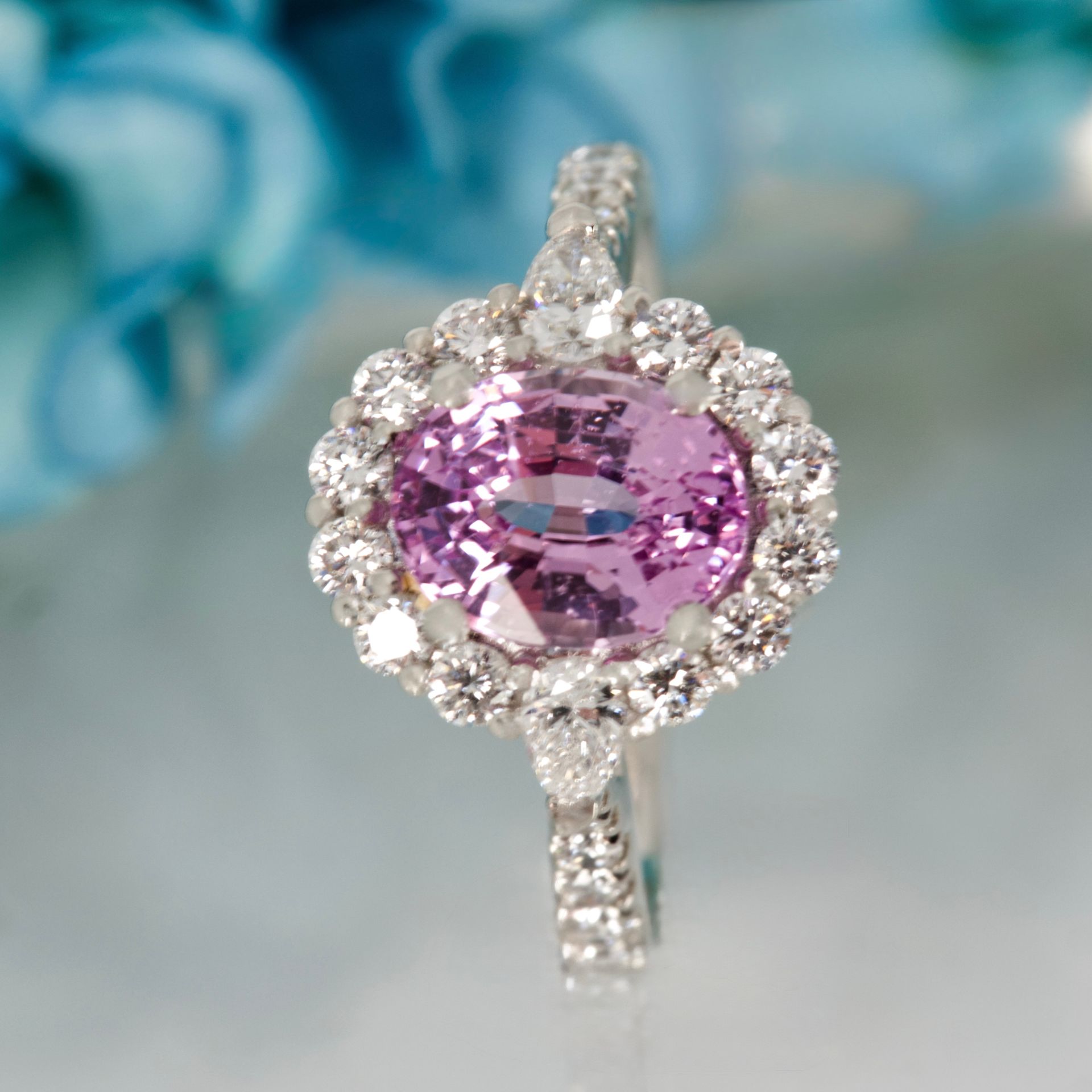 Platinum Oval Cut Pink Sapphire & Pear and Round Brilliant Cut Diamond Cluster Ring