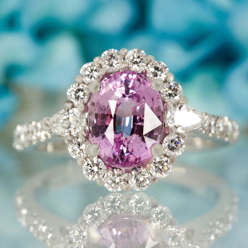 Platinum Oval Cut Pink Sapphire & Pear and Round Brilliant Cut Diamond Cluster Ring
