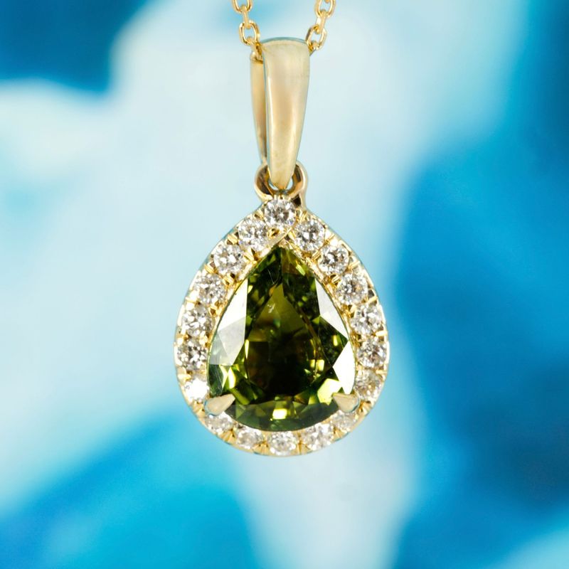 9ct Yellow Gold Pear Cut Green Sapphire & Round Brilliant Cut Diamond Halo Cluster Pendant & Chain