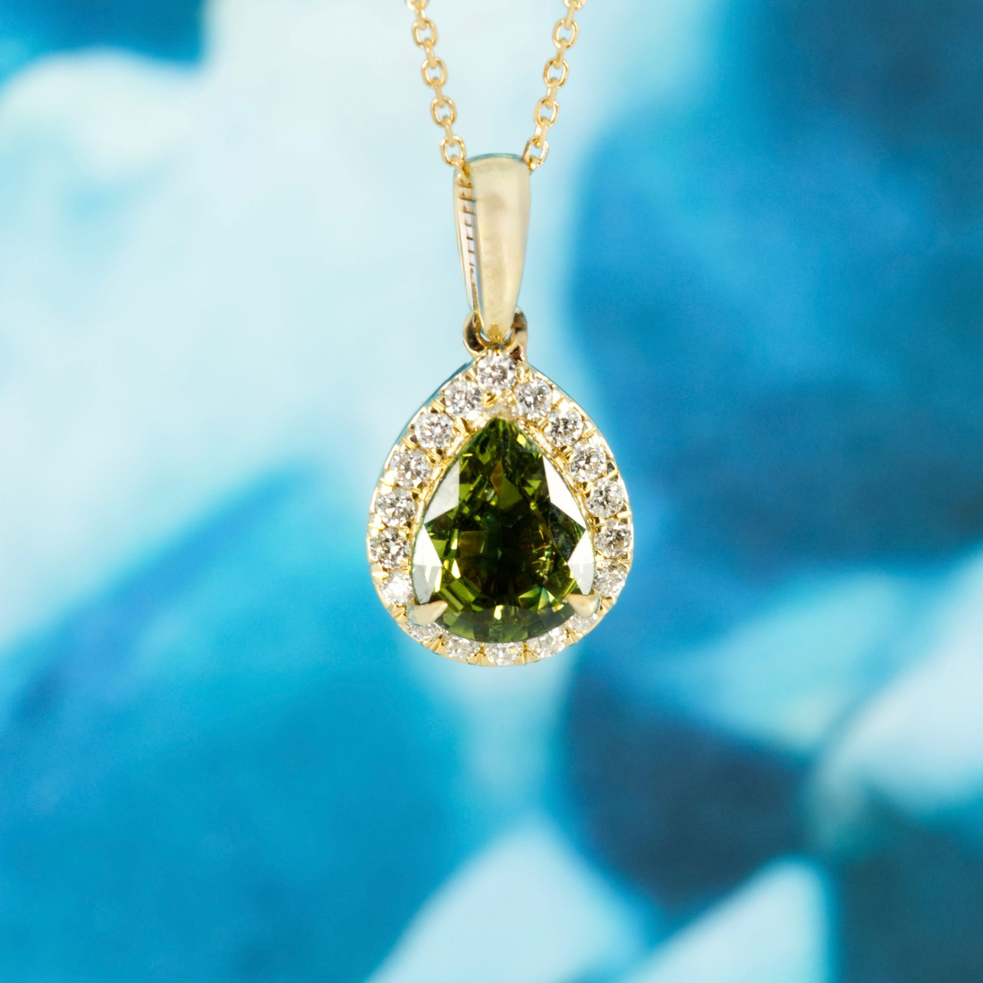 9ct Yellow Gold Pear Cut Green Sapphire & Round Brilliant Cut Diamond Halo Cluster Pendant & Chain